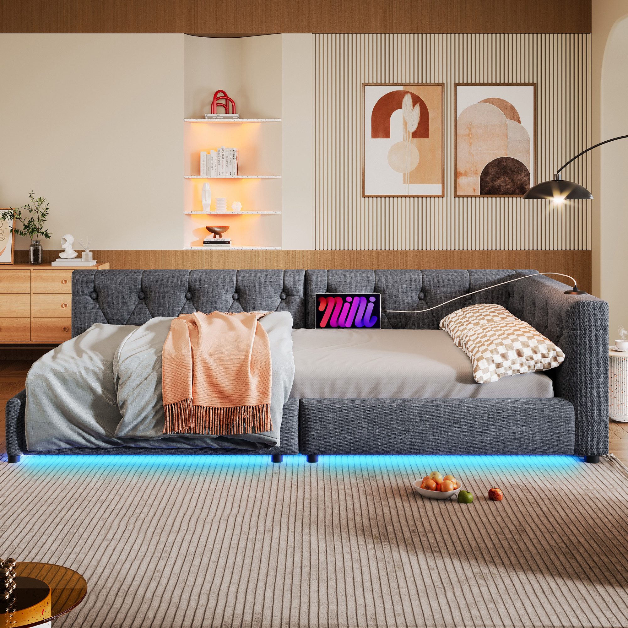 Odikalo Schlafsofa Polsterbett Daybett Lattenrost Kopfteil USB 90/140x200cm Beige/Grau