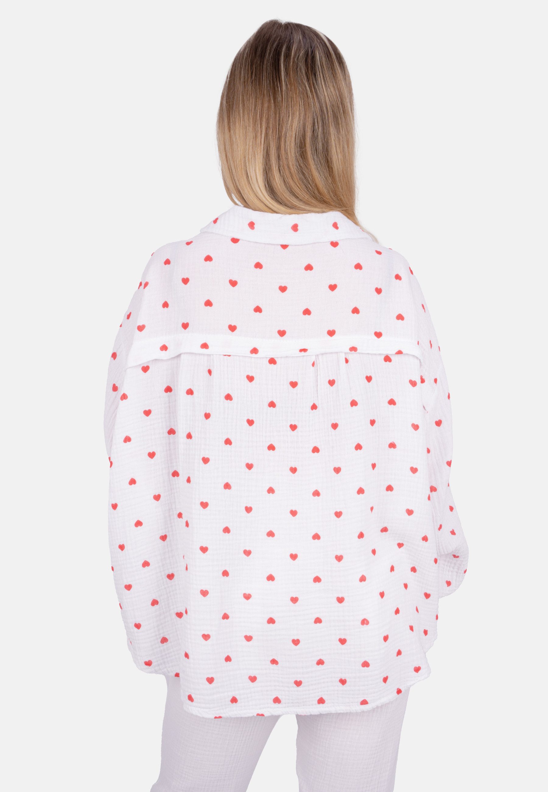 Seasons of April Hemdbluse LIYA MUSSELIN HERZ OVERSIZED Damen Musselin Bluse mit Herz Print, 100% Baumwolle, S/M & L/XL