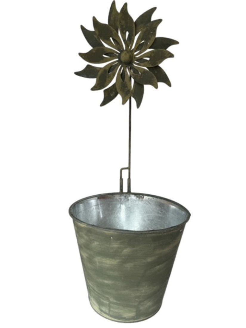 finehomegarden Blumentopf Metall Eimer mit Windmühle Pflanzgefäß Metalleimer Плантатор (1 St), Pflanztopf grün gewischt Ø16/24cm 2Größen wählbar / Paket