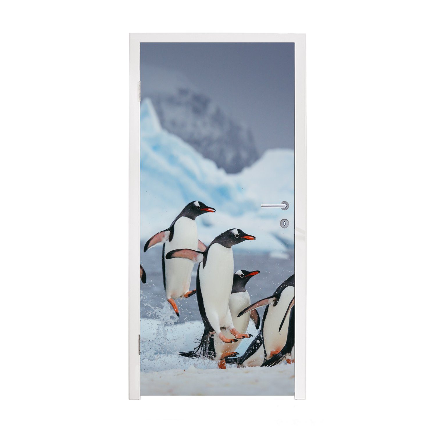 MuchoWow Türtapete Pinguine springen aus dem Wasser, Matt, bedruckt, (1 St), Fototapete für Tür, Türaufkleber, 75x205 cm