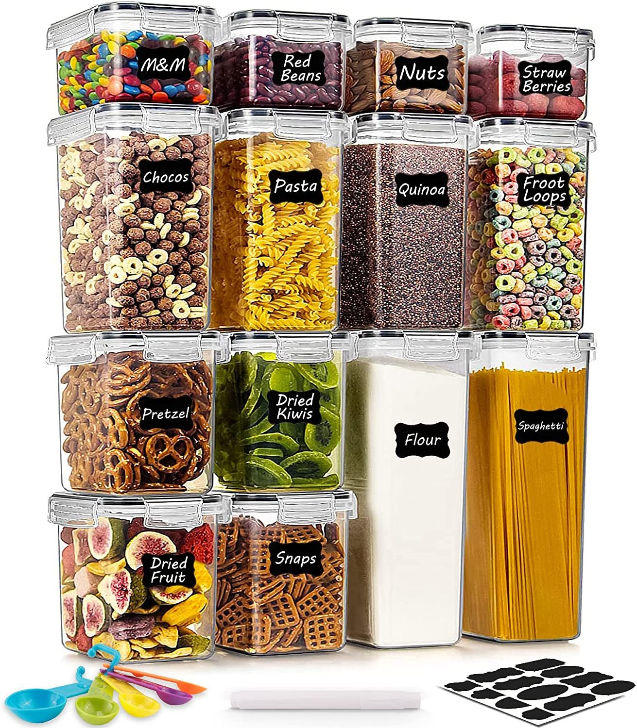 AIMAX Vorratsdose Vorratsdosen Set Frischhaltedosen mit Deckel - 14 Stück, (2 x Großer Behälter(2,8 Liter), 14-teiliges Lebensmittel-Container-Set mit Etiketten,Kunststoff