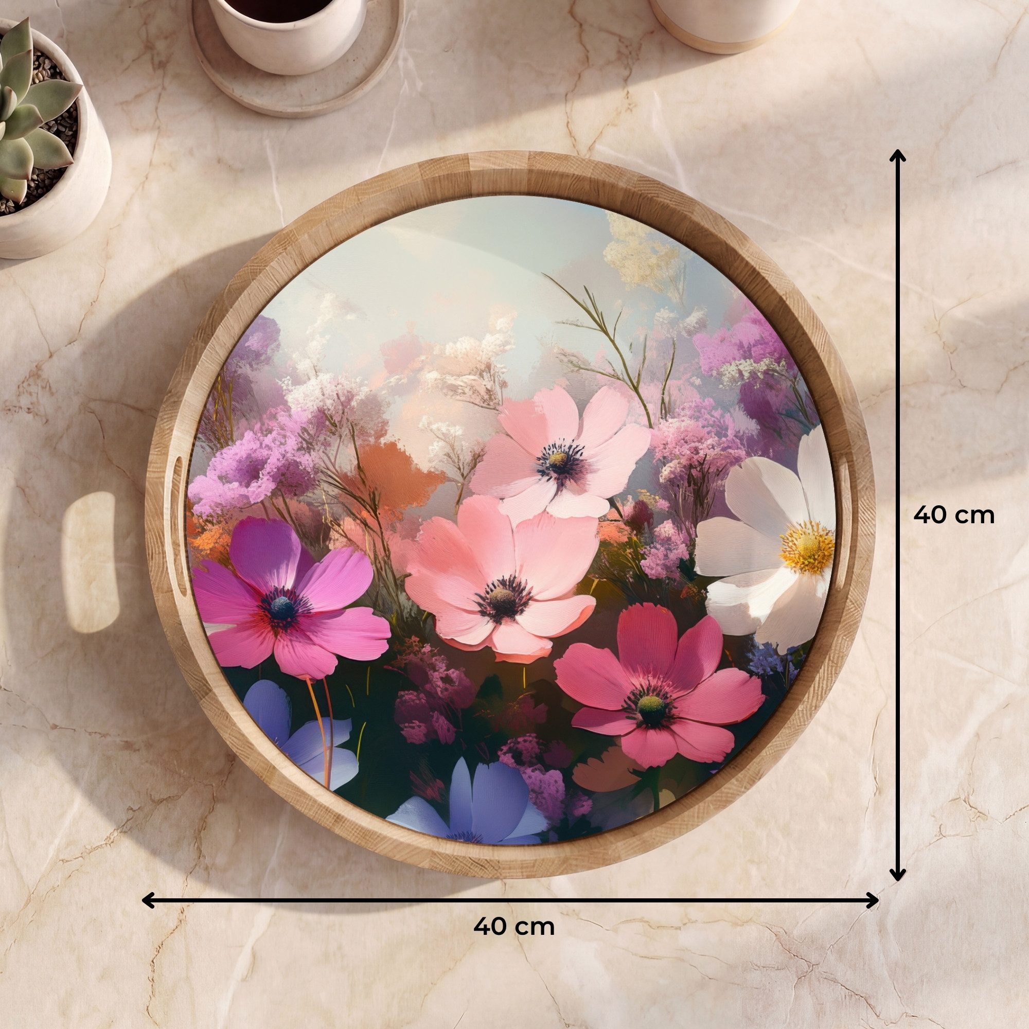 OnlyWow Tablett Rund mit Henkel Blumen - Bunt - Blühend, Eichenholz, (1-tlg), Siervierplatte, Tray, Frühstücksbrett