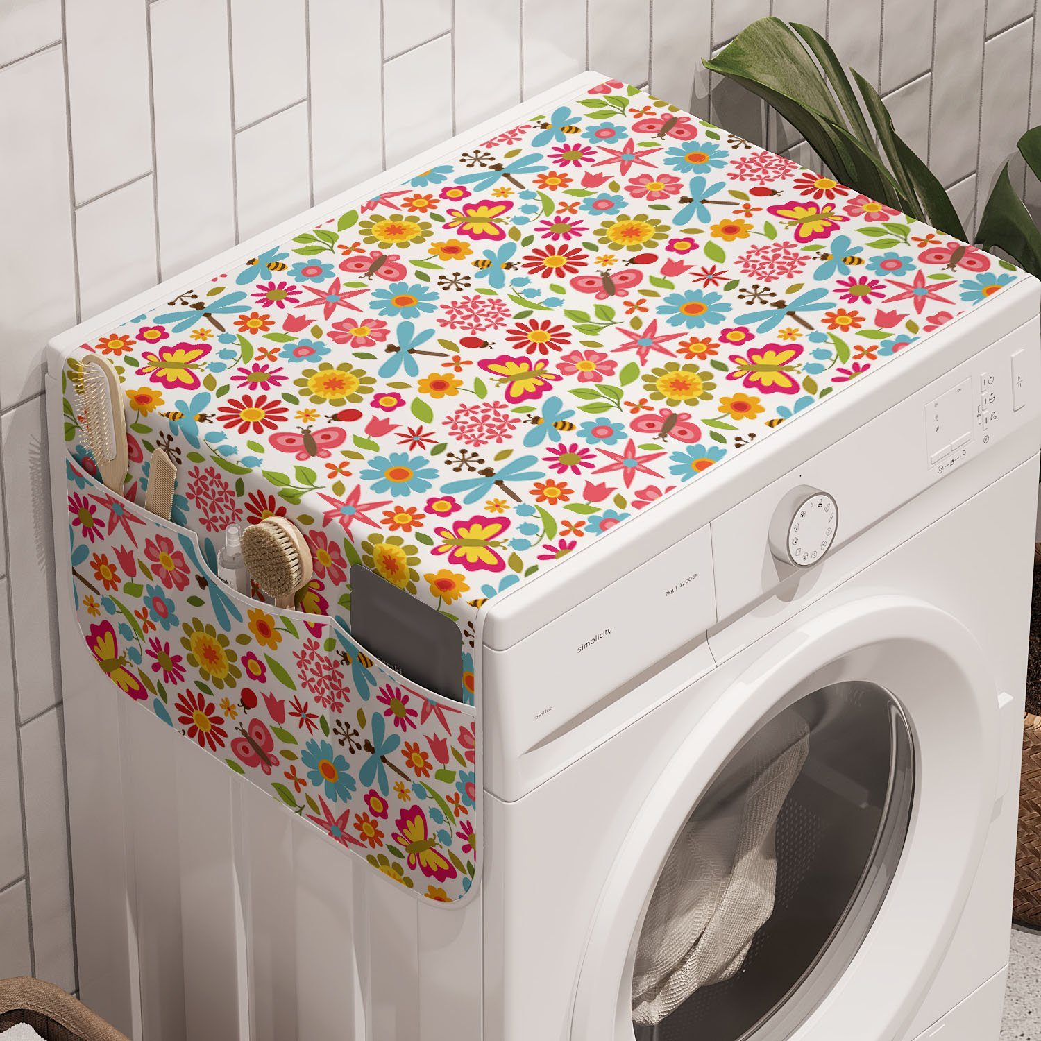 Abakuhaus Badorganizer Anti-Rutsch-Stoffabdeckung für Waschmaschine und Trockner, Blumen Blumen Schmetterlinge Käfer