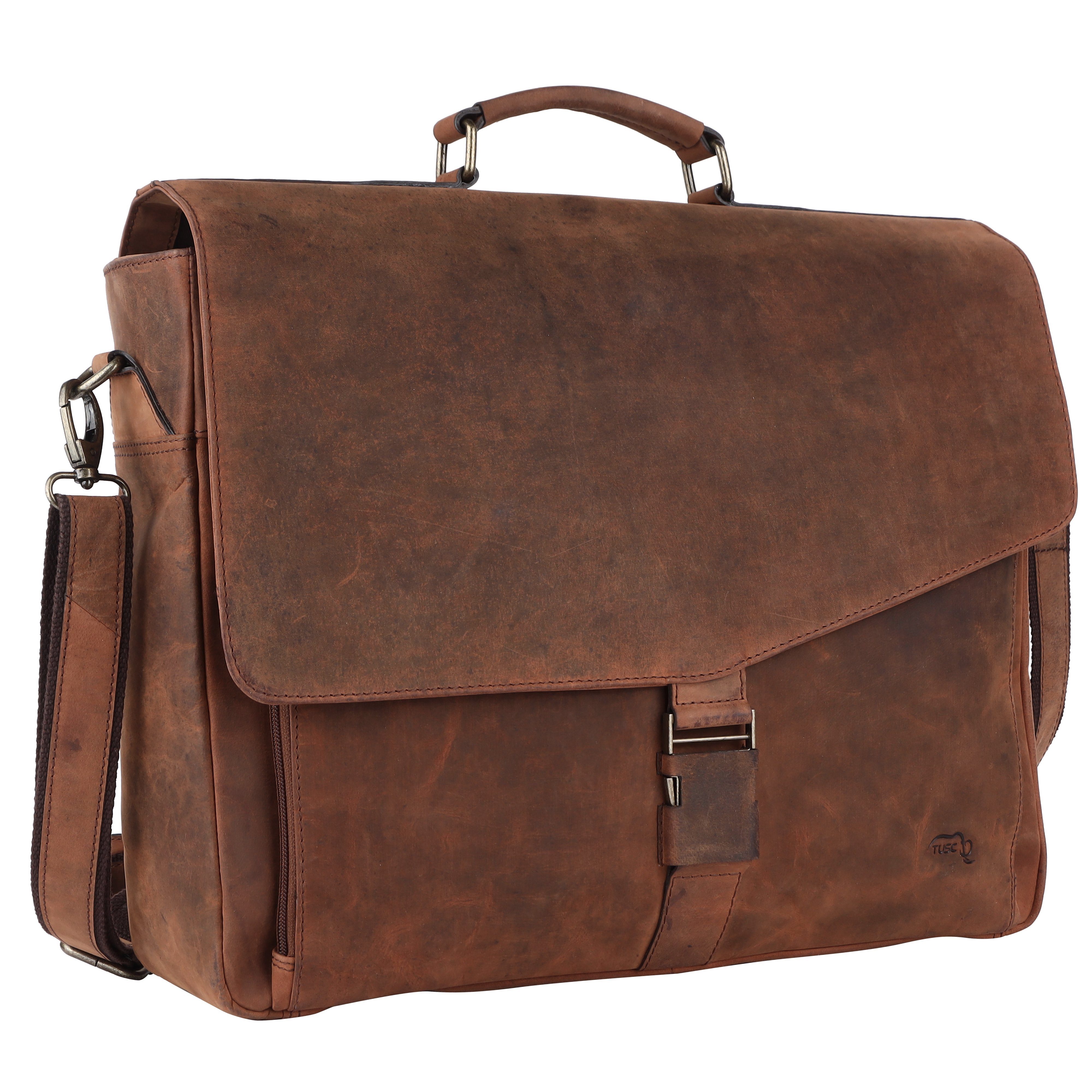 TUSC Businesstasche Zeron, Premium Ledertasche für Laptop bis 17,3 Zoll mit Vintage Stil Walnut