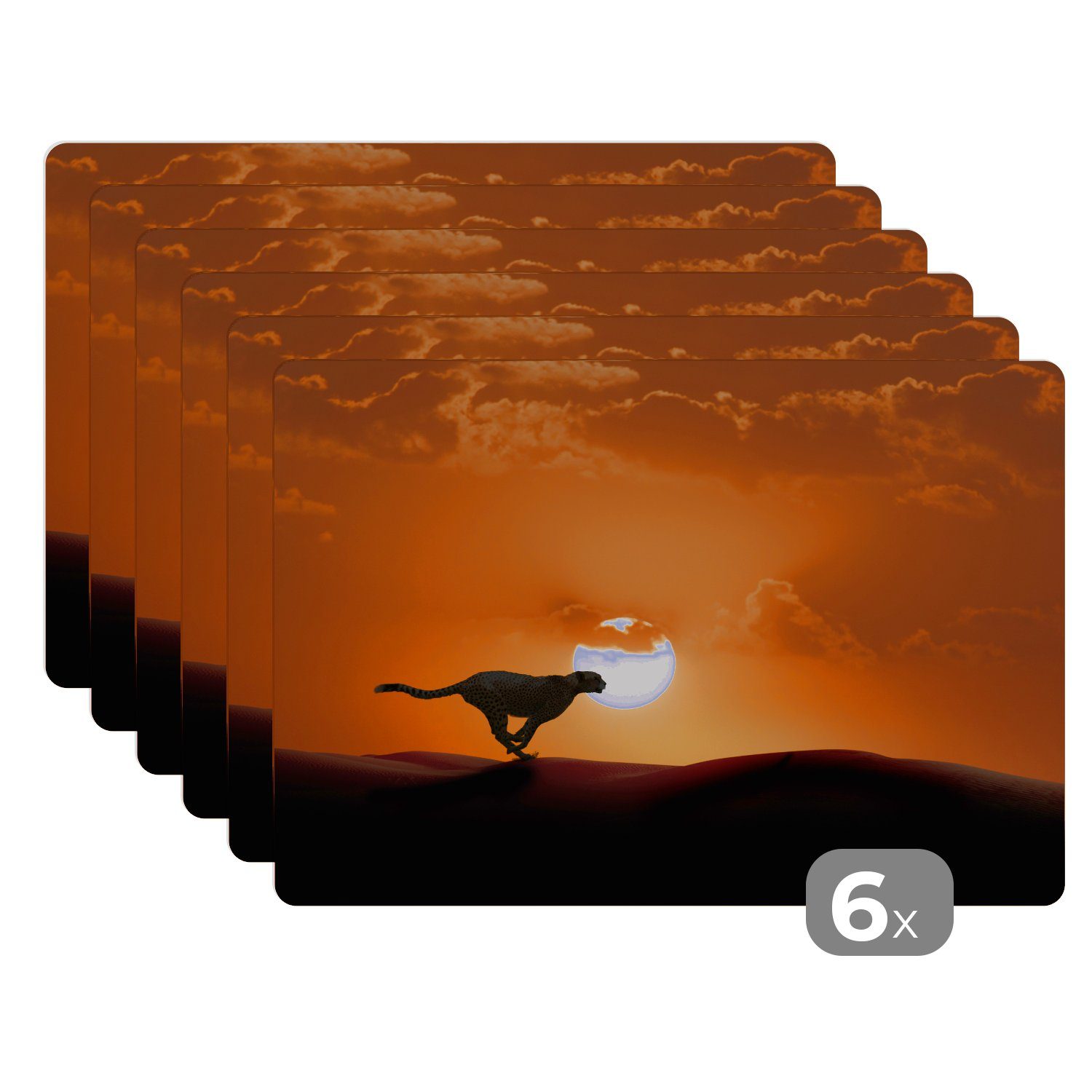 Platzset, Silhouette eines Geparden in der Wüste, MuchoWow, (6-St), Platzset, Platzdecken, Platzmatte, Tischmatten, Schmutzabweisend