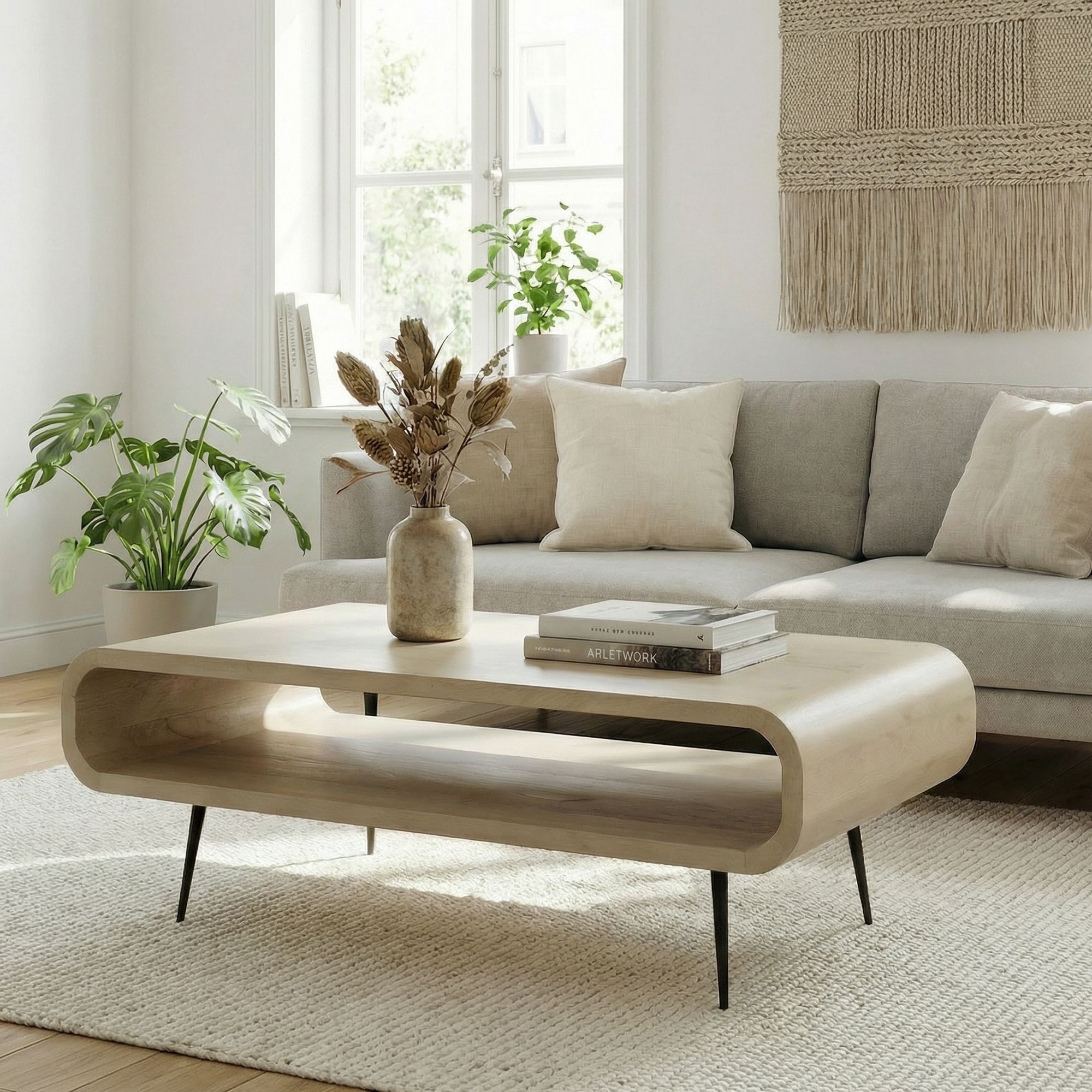 FINEBUY Couchtisch FB116759 Massivholz 90cm Wohnzimmertisch Ablage Beistelltisch Tisch (Rechteckiges Möbelstück im edlen Retro-Stil), Korpus aus Mangoholz auf robustem Metall