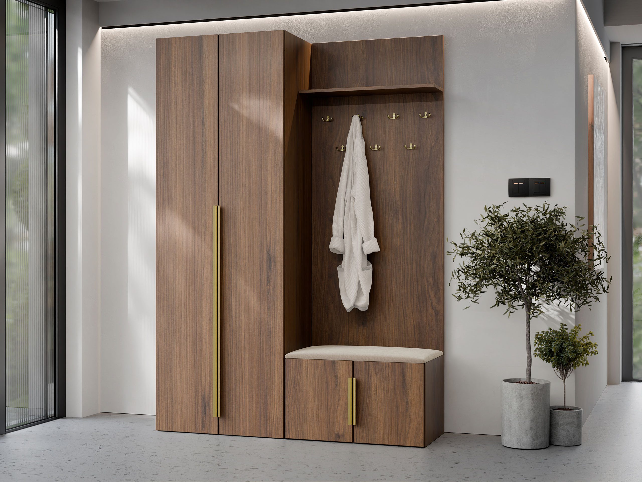 MIRJAN24 Garderoben-Set Kerkin I, (2er-Set, Kleiderschrank, Schuhschrank mit Kleiderhakenbrett), 7 Kleiderhaken für Kleidung, Gepolstertes Sitzpaneel