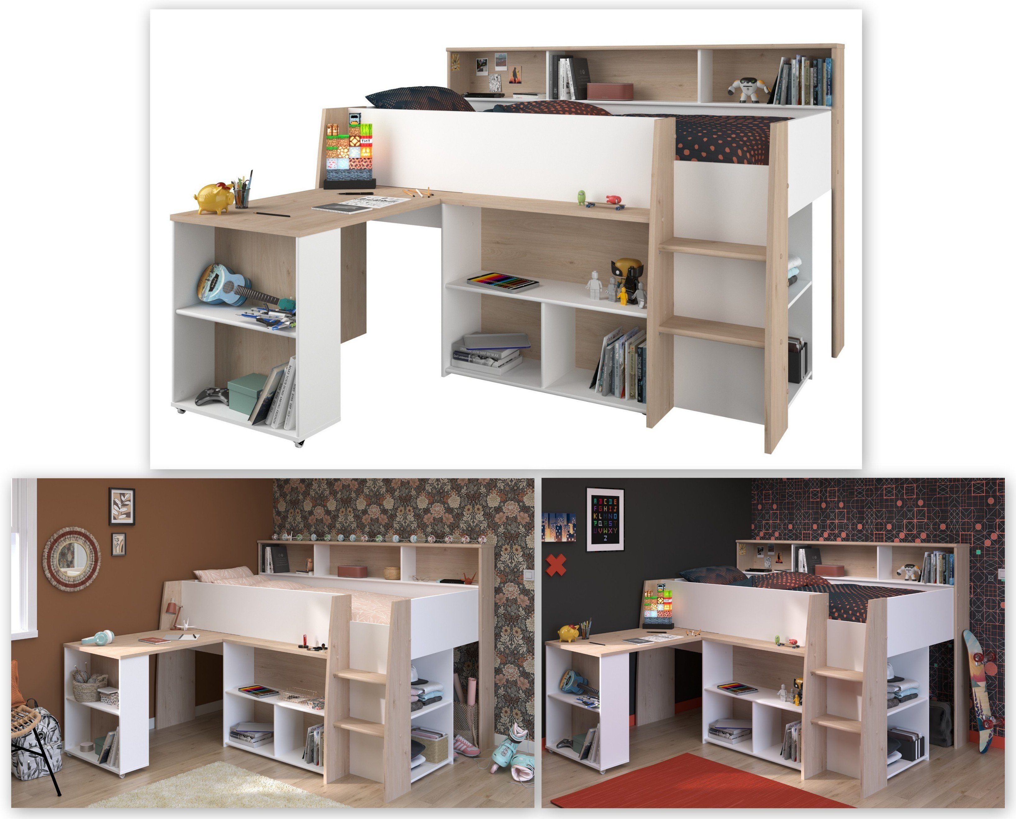 Parisot Stauraumbett Parisot Lucas 1-Hochbett Kinderzimmer 90x200