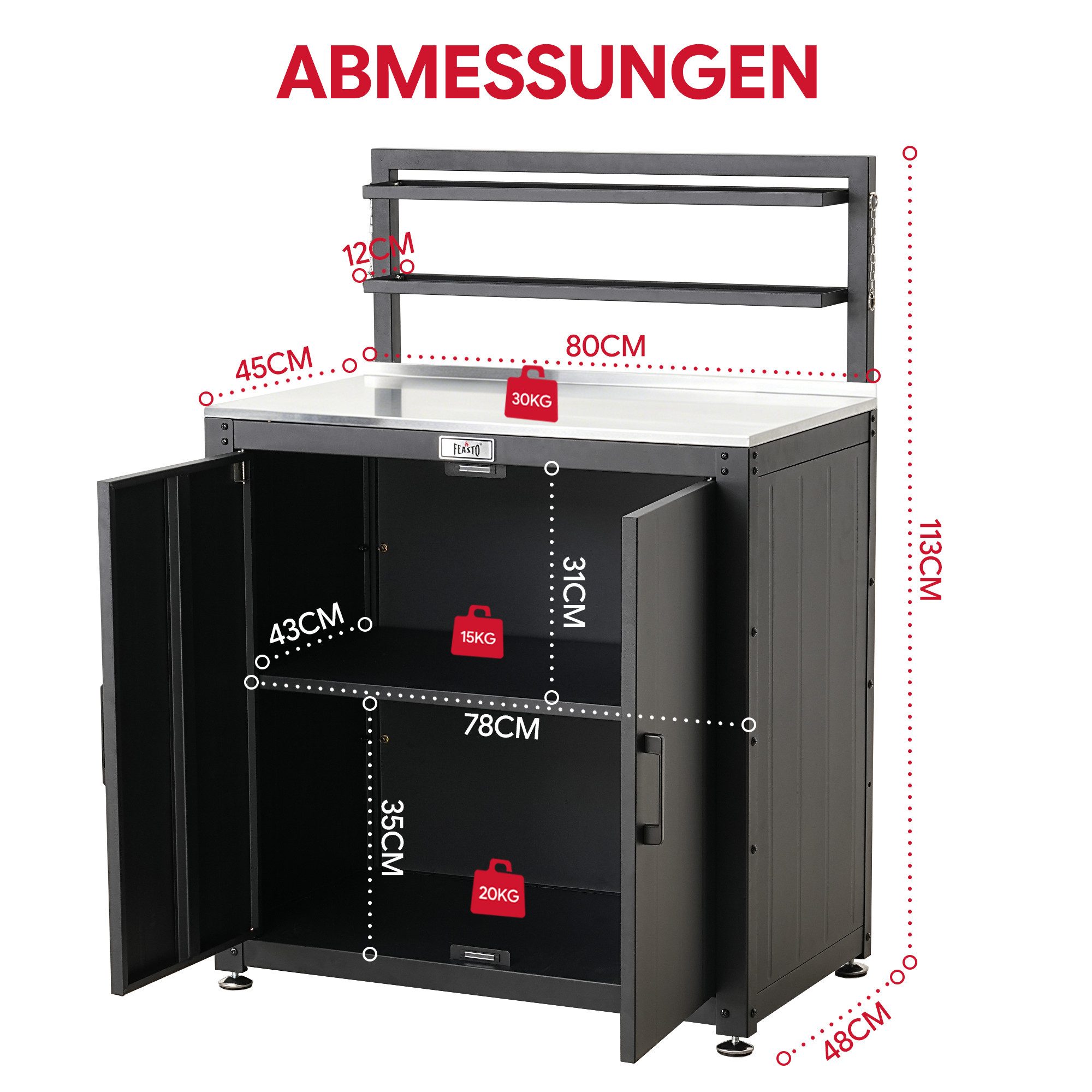 Feasto Servierwagen Wetterfester Gartenschrank mit Edelstahl-Arbeitsfläche 80x48x113 cm, klappbares Oberregal, verstellbare Standfüße, großer Gartenstauraum