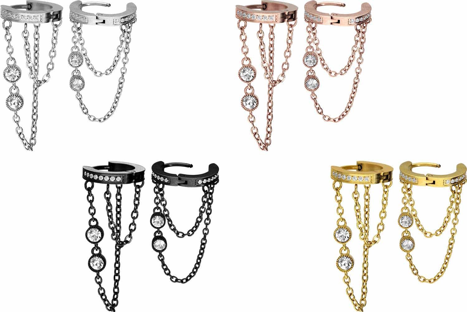 PIERCINGLINE Single-Ohrstecker Chirurgenstahl Ohrclicker KETTEN + KRISTALLE (Clicker, 1-tlg), Ohrpiercing für Conch, Helix, Tragus, Daith, Lobe