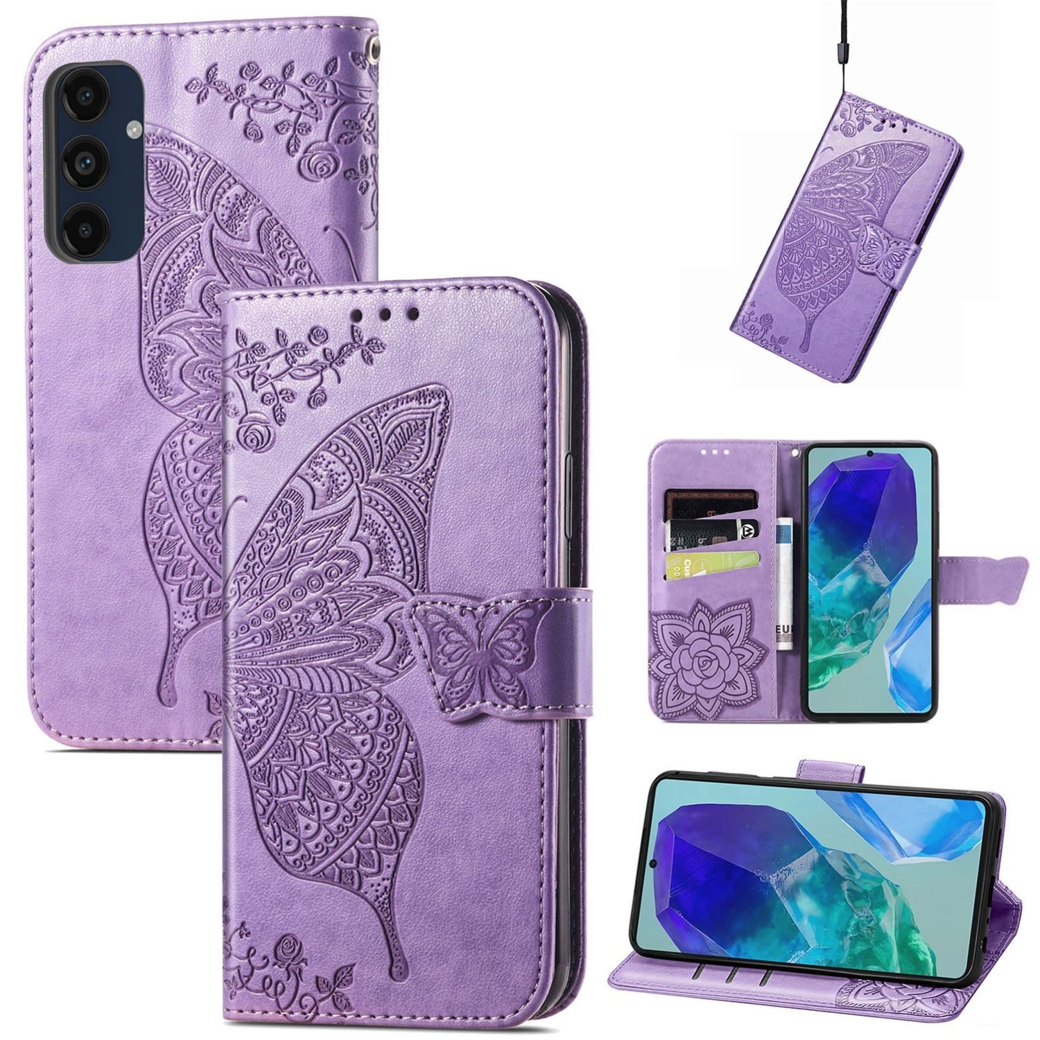 Smartphone-Hülle Für Samsung Galaxy A16 Kunstleder Wallet Schmetterling Hülle Hell Lila