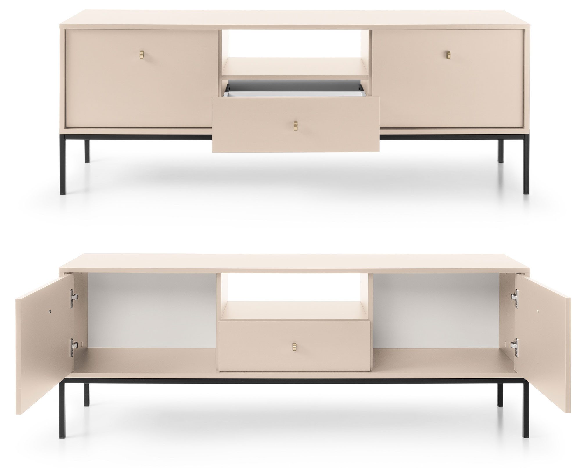 Feldmann-Wohnen Lowboard Mono (2-türig, 1 Schublade, 1 offenes Fach, 1 St., moderne Optik, Möbelknäufe, Metallfüße), 153x39x56cm Beige Matt 2-türig