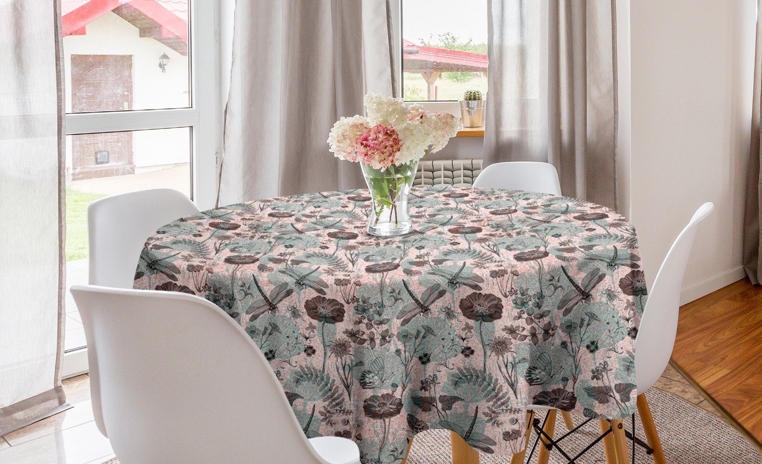 Abakuhaus Tischdecke Kreis Tischdecke Abdeckung für Esszimmer Küche Dekoration, Blume Blüten und Libellen | Tischdecken