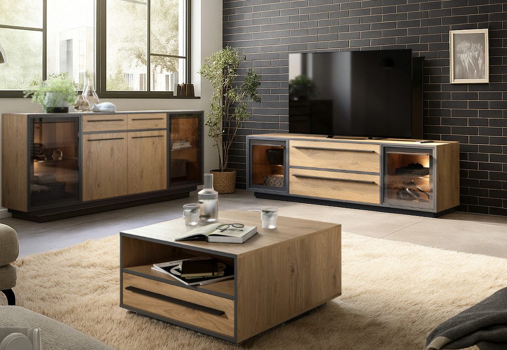 moebel-dich-auf Wohnwand NARDO, (Wildeiche / Absetzung: Anthrazit, 1-St., Verschiedene Board-Sets), Braunglas, Softclose, inkl. LED-Beleuchtung