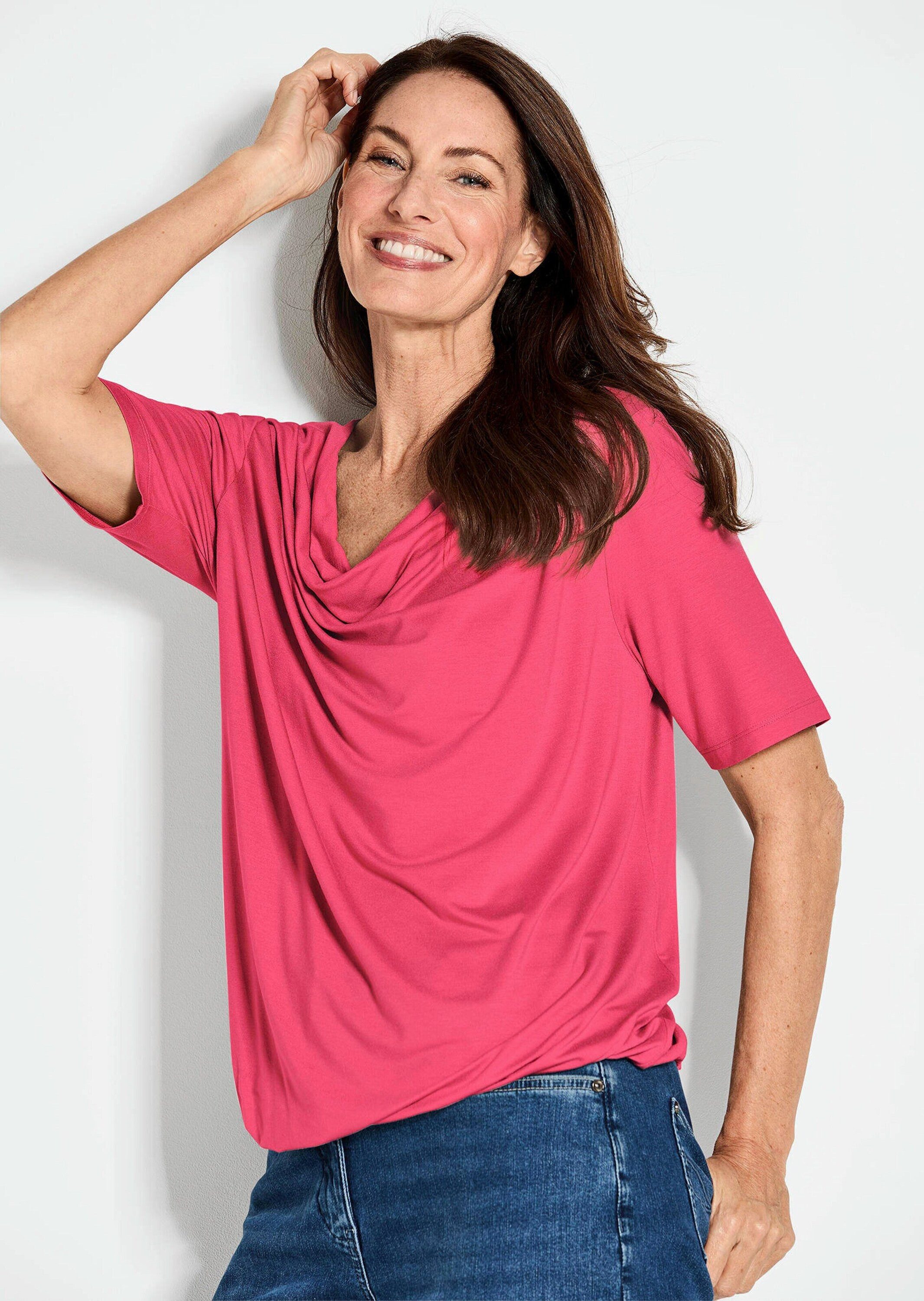 GOLDNER T-Shirt Blusenshirt mit Wasserfallausschnitt Elegantes Viskoseshirt mit Gummibund und Halbarm