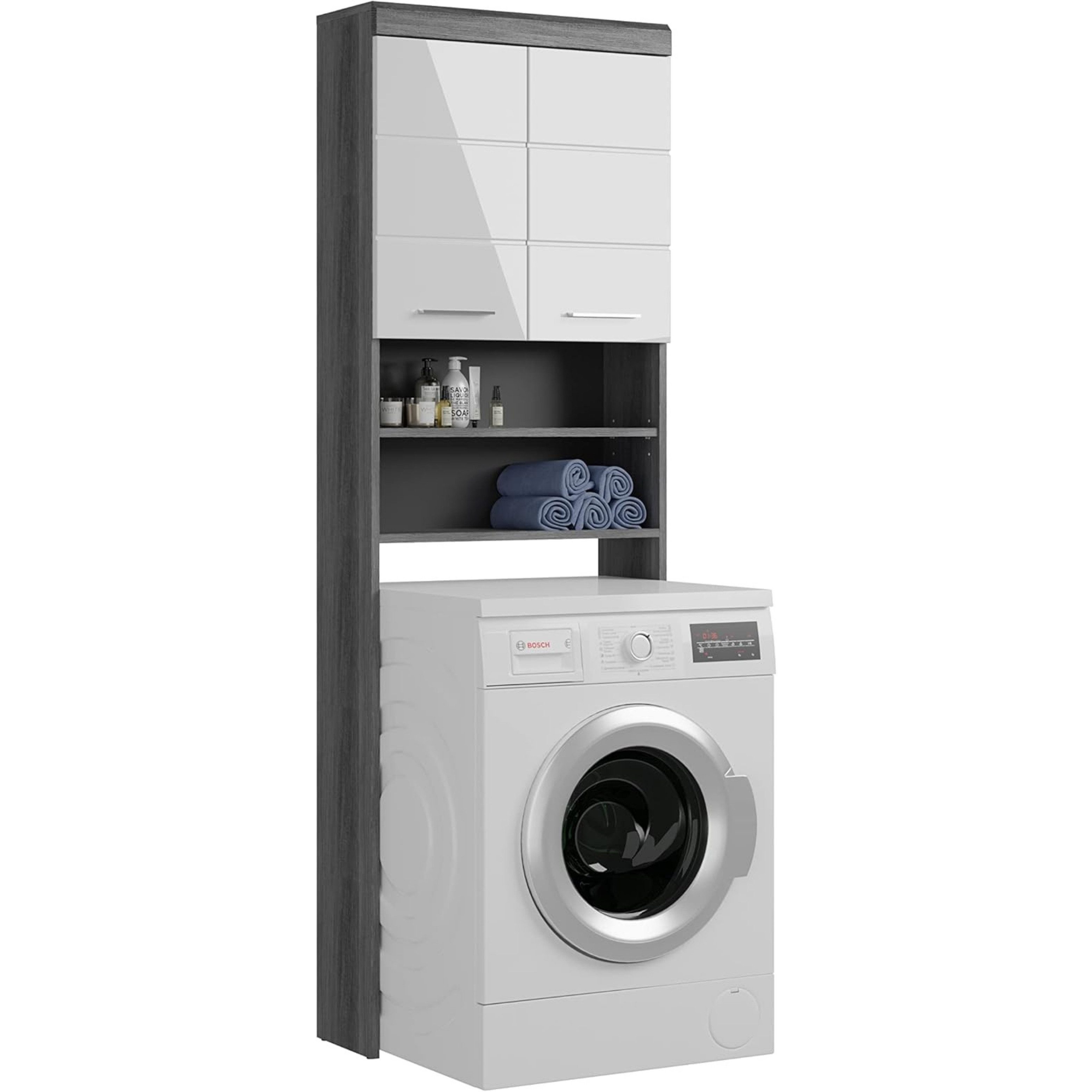furnling Waschmaschinenumbauschrank Scott 2 offene Fächer, 2 Türen, platzsparend, Badmöbel, Badschrank, Umbau