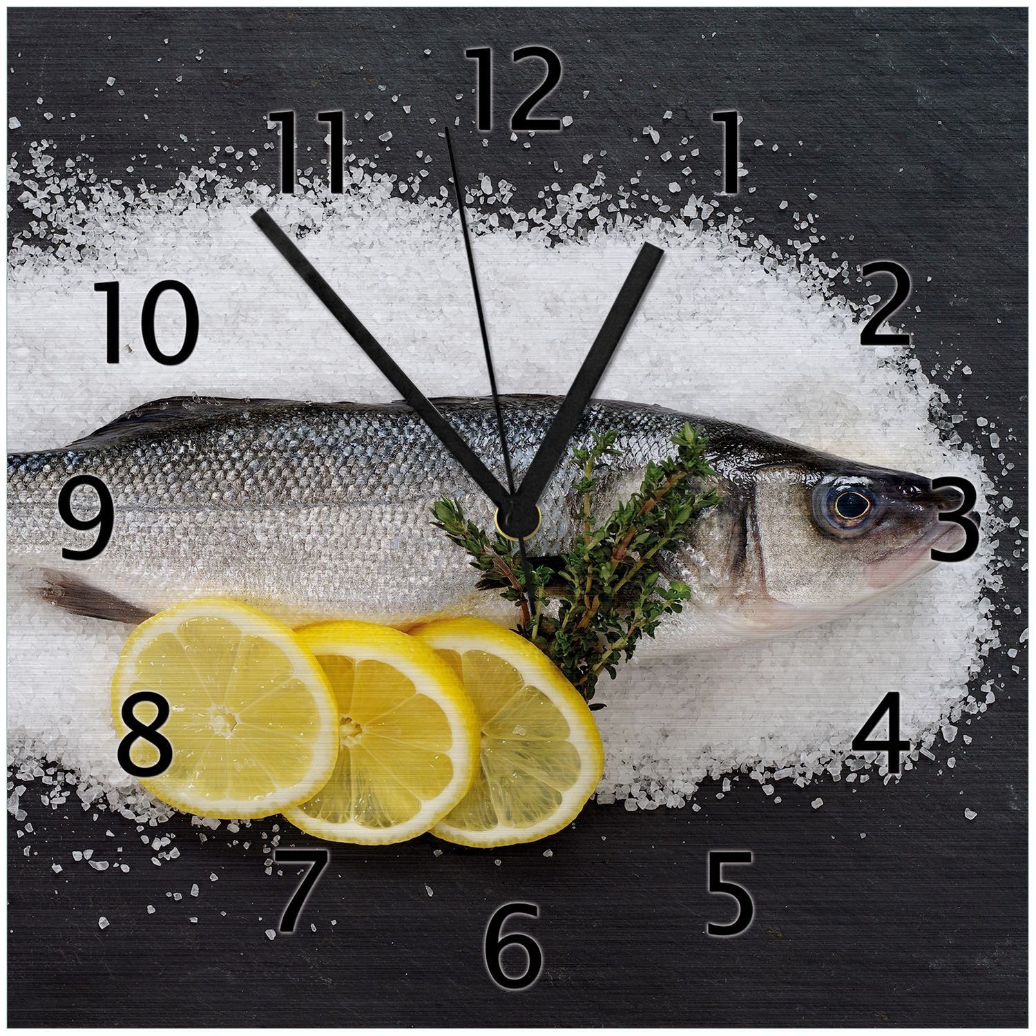 Wallario Wanduhr Fischmenü - Frischer Fisch auf Salz mit Zitronen (Aluverbunduhr)