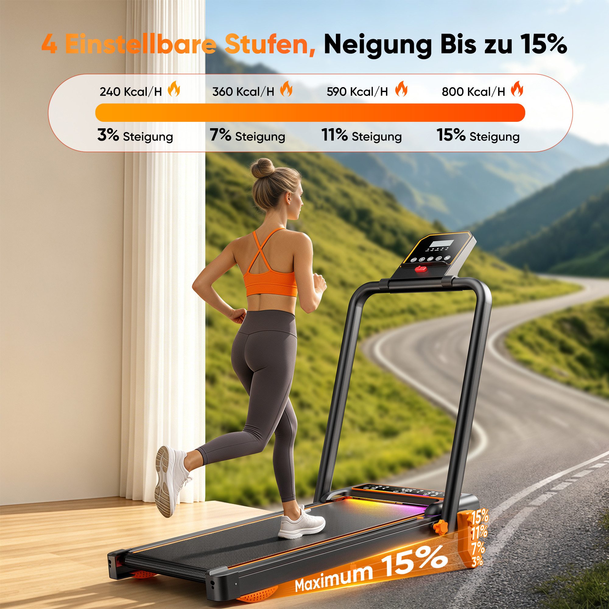 GIDGIMO Laufband FlexRun Pro Laufband 12 km/h mit 15 % Steigung, klappbar, App (für Zuhause & Büro), 6 IN 1 Walking Pad, LED Tempolicht, Bis 120kg Belastbar