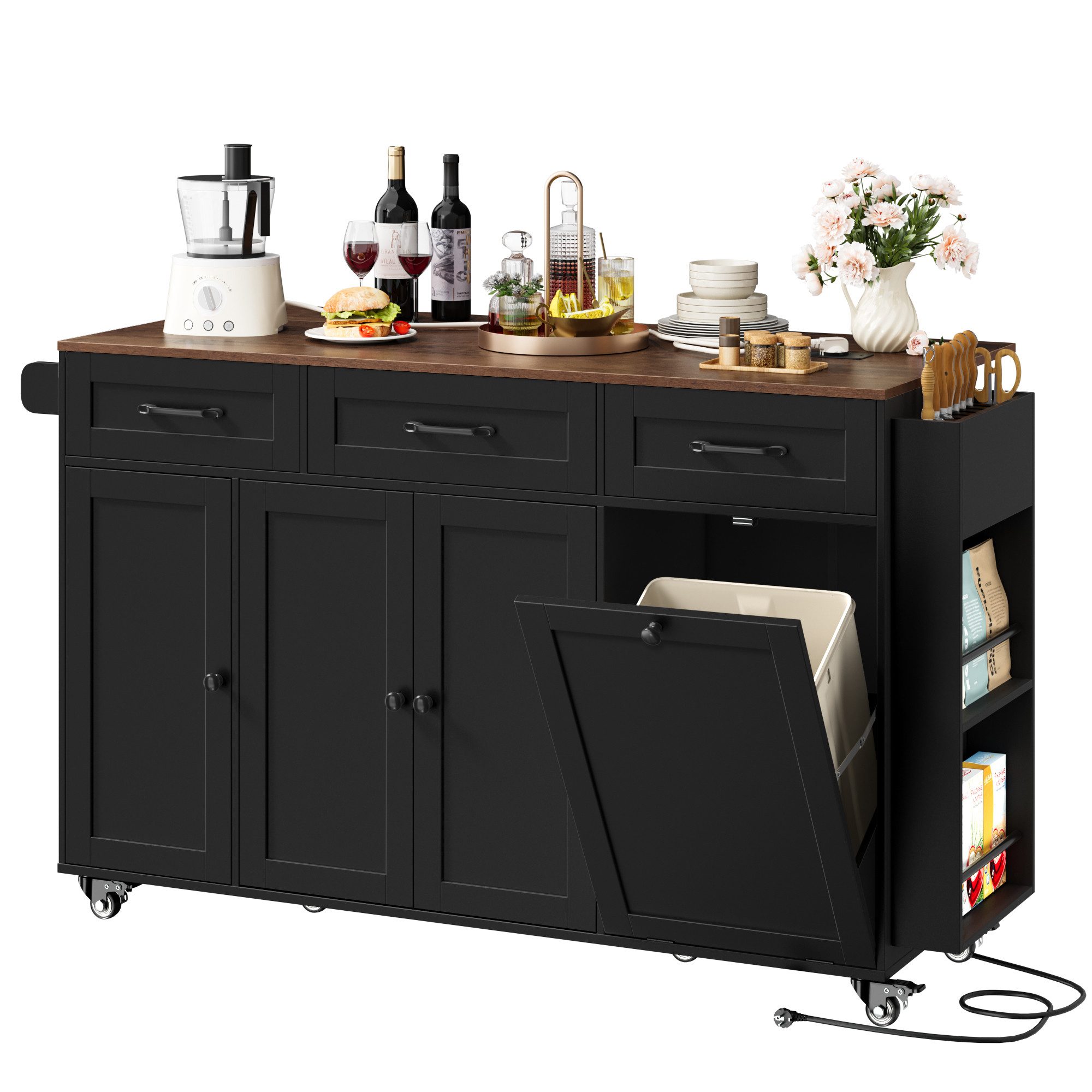 Homfa Küchenwagen mit Steckdoseleiste, 135cm klappbarer Arbeitsplatte & Messerblock, Kücheninsel mit Rollen, Küchenschrank mit Müllsystem 135x88x60cm