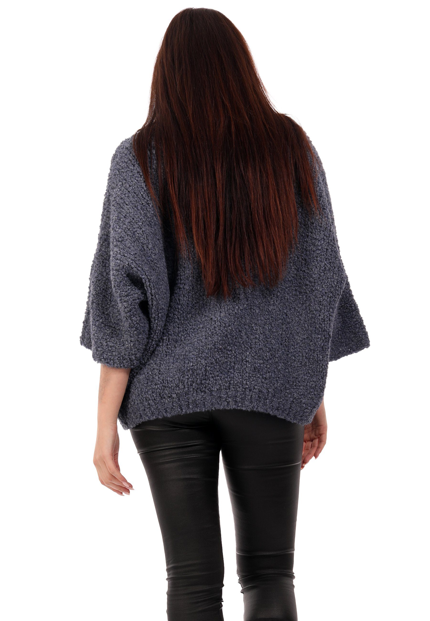 casual Winter Strickpullover Fashion Size One YC Grobstrick V-Ausschnitt jeansblau (1-tlg) Pullover Pulli mit & Damen Style