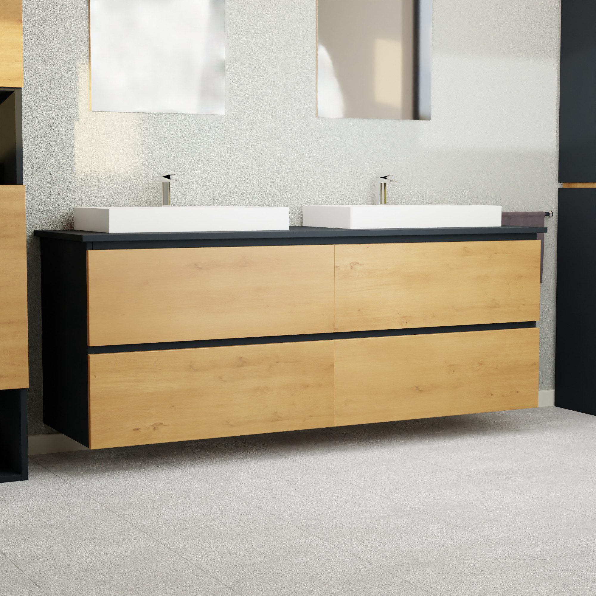 GARLIVO Waschbeckenunterschrank GLB-160 mit Schubladen, Badezimmer Waschtischunterschrank, Eiche Push-to-Open/ Tip-On