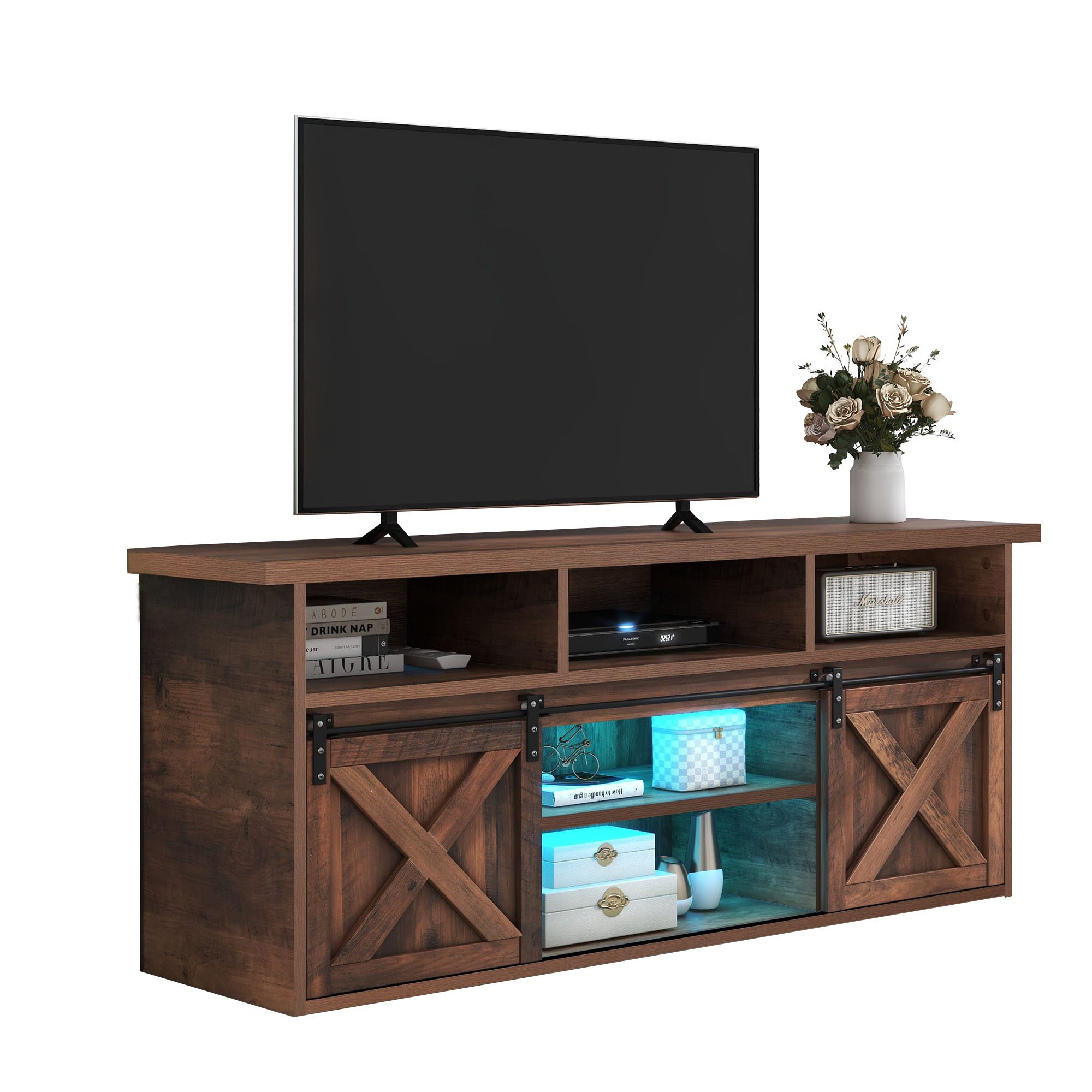 Merax TV-Schrank im Landhaustil mit 9 Fächern,Lowboard mit LED,Breite 150cm