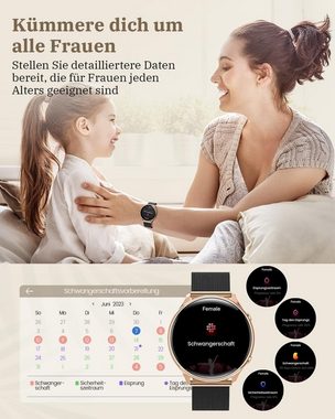 RUXINGX Fur Damen mit Telefonfunktion, Touchscreen, Fitness Tracker Smartwatch (1,39 Zoll, Android iOS), mit 120 Sport SpO2 Pulsuhr Schlafmonitor Menstruationszyklus