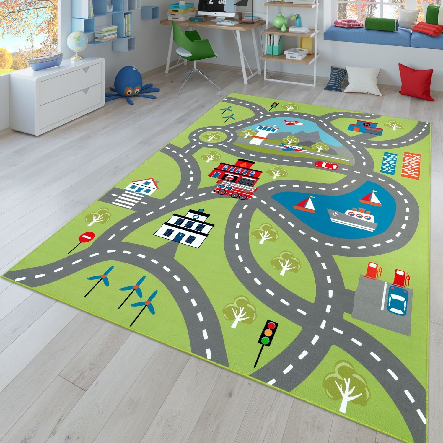 Kinderteppich Kinderteppich Spielteppich Für Kinderzimmer Mit Straßen-Motiv  In Grün, TT Home, rechteckig, Höhe: 9 mm