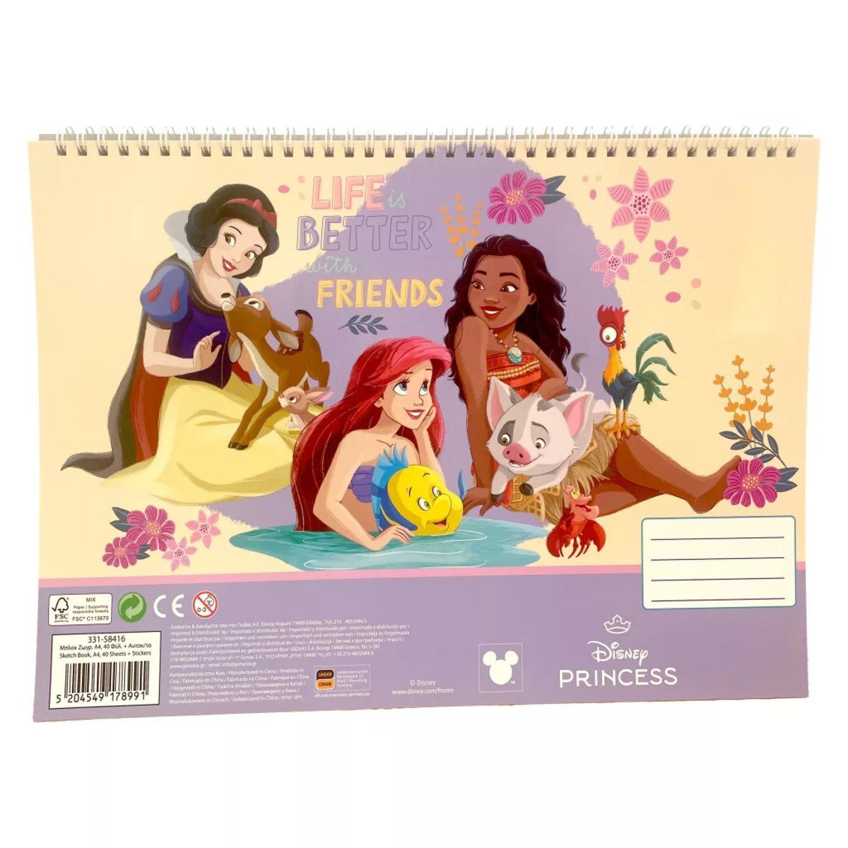 Disney Kreativset Disney Prinzessin Life A4 Spiral-Skizzenbuch, 40 Blatt mit Aufklebern