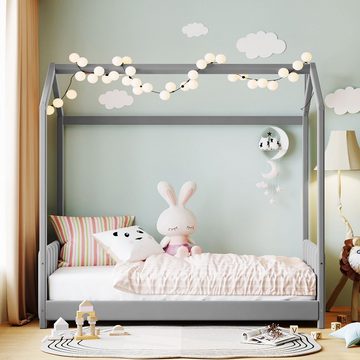SOFTWEARY Kinderbett mit Lattenrost (90x200 cm), Polsterbett, Hausbett, Kiefer, Samt