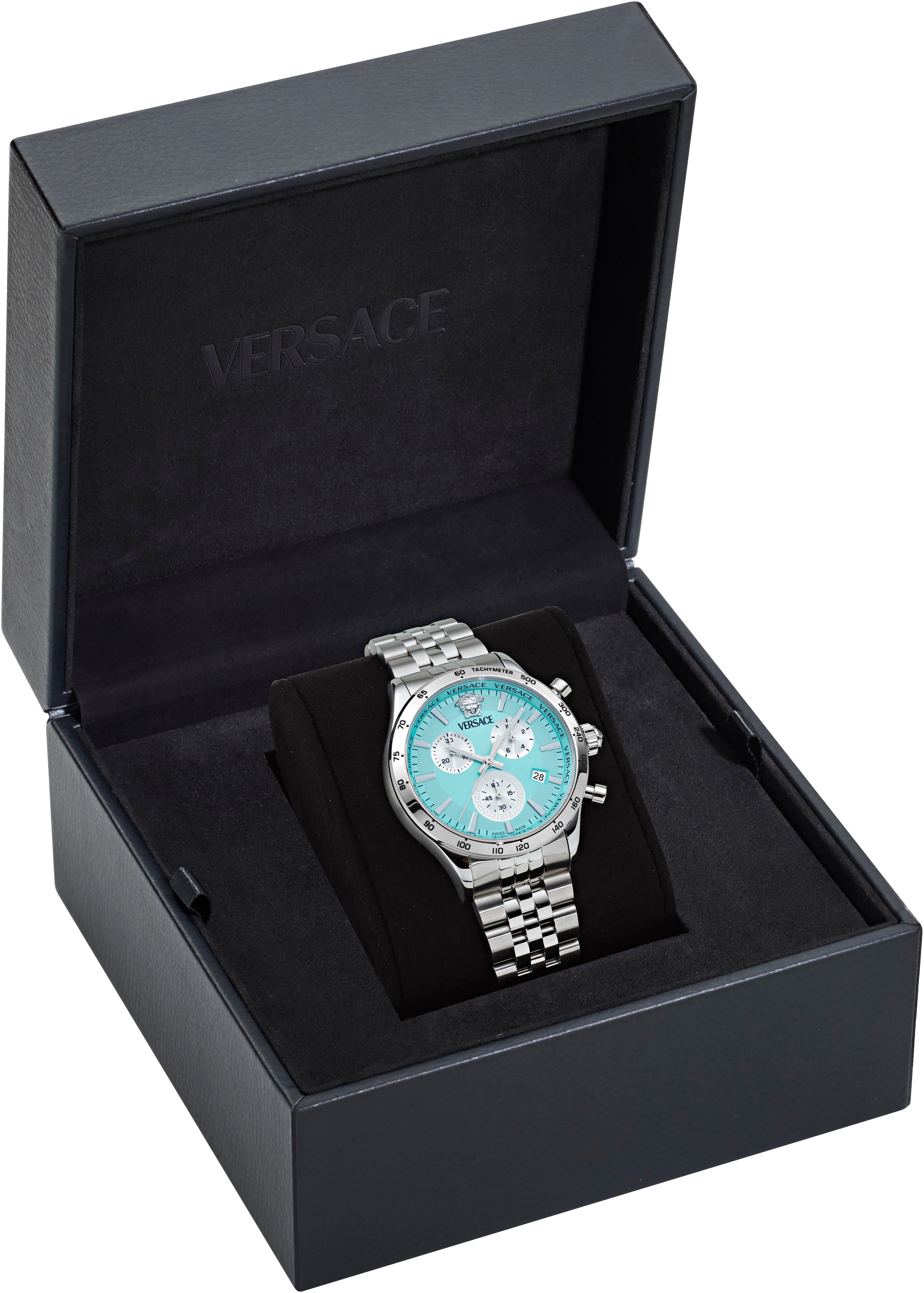 Versace Chronograph HELLENYIUM CHRONO PETITE VECFA0724, Quarzuhr, Armbanduhr, Herrenuhr,Swiss Made,Edelstahlband,Stoppfunktion