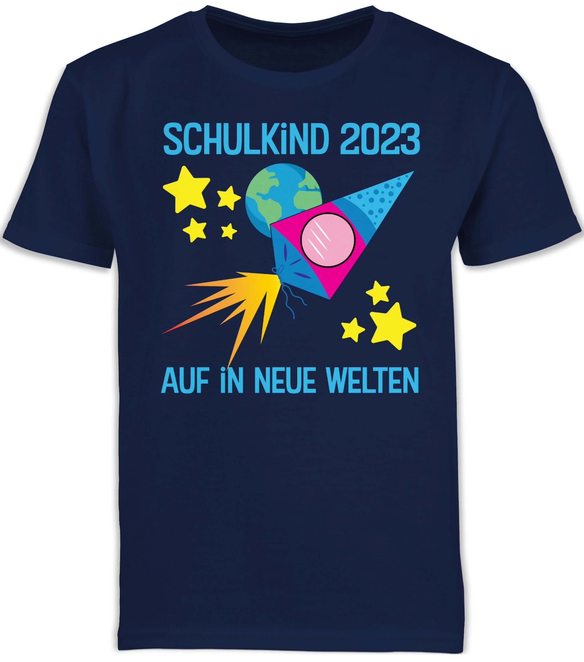 Shirtracer T-Shirt Schulkind 2023 I Auf in neue Welten Einschulung Junge Schulanfang Geschenke 1 Navy Blau