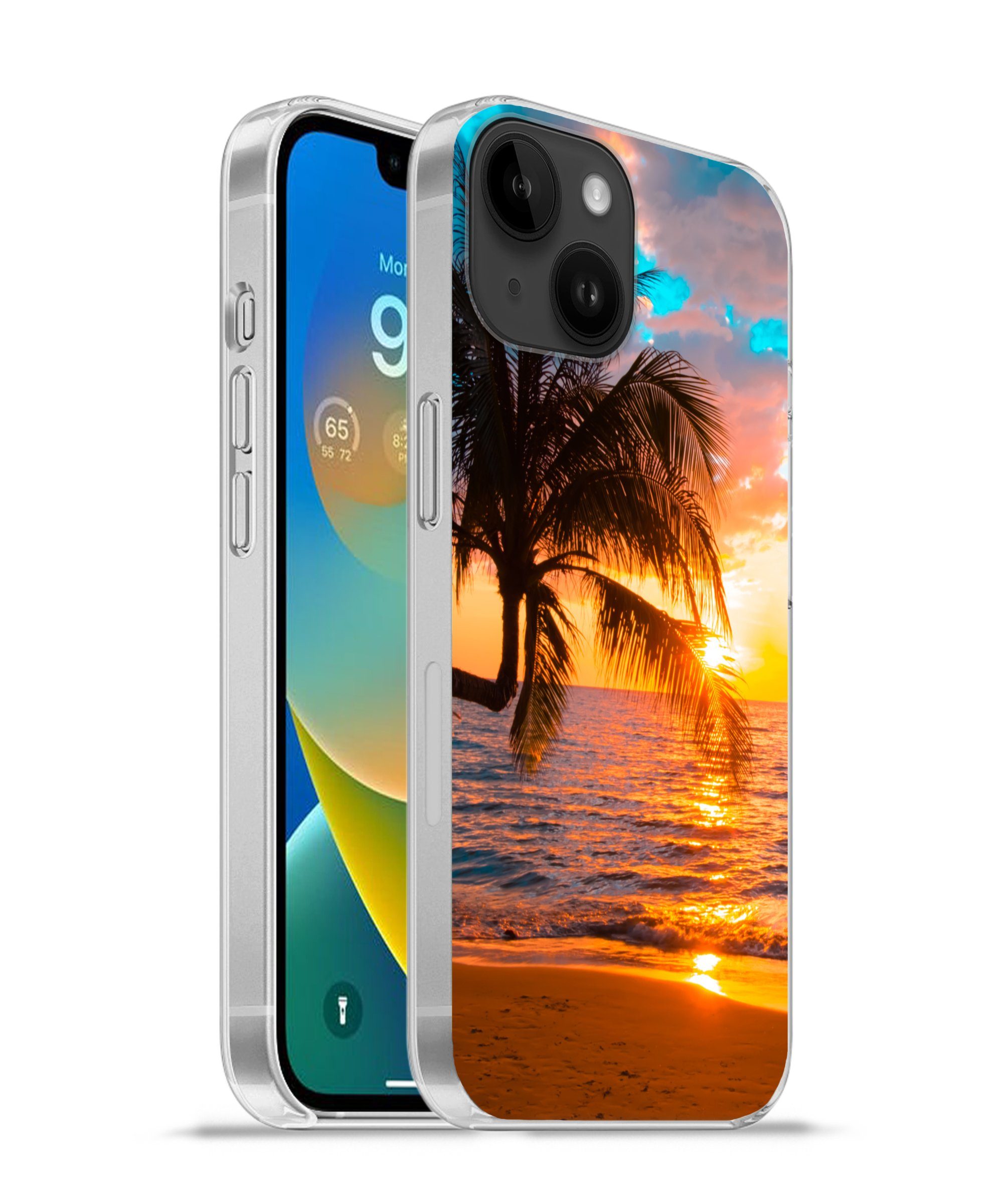 MuchoWow Handyhülle für Apple iPhone 14 Palme - Sonnenuntergang - Horizont - Strand - Meer, Smartphone-Bumper, Print, Handy Schutzhülle Dünn