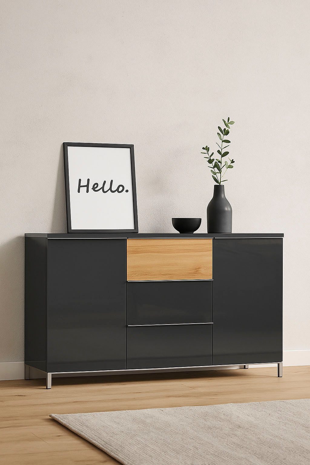 OTTO home Sideboard Onyx, Kommode mit 3 Schubladen und 2 Türen, UV Lackierung Hochglanz (FSC®-zertifizierter Holzwerkstoff; Made in Europe), Kombikommode mit Soft-Close-Funktion, Maße (B/T/H) 152/45/88cm