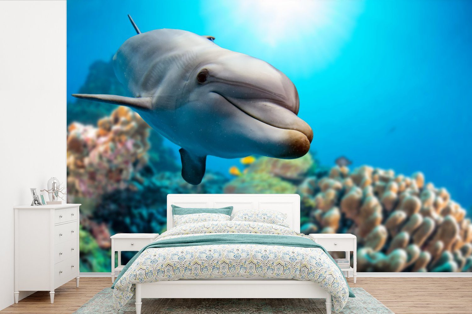 MuchoWow Fototapete Delfin - Meer - Koralle, Matt, bedruckt, (6 St), Wallpaper für Wohnzimmer, Schlafzimmer, Kinderzimmer, Vinyl Tapete