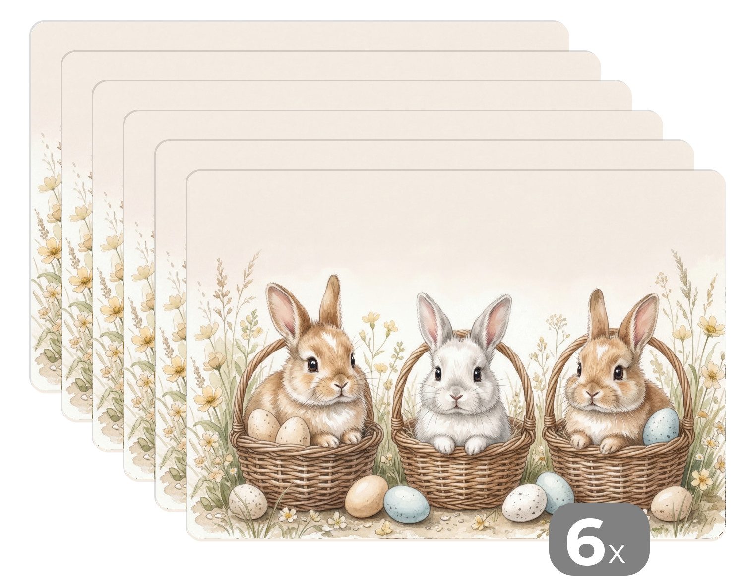 MuchoWow Platzset Hasen - Eier - Blumen - Ostern, (6-St), Platzsets, Tischset, Abwaschbar, Tischsets, Platzdeckchen