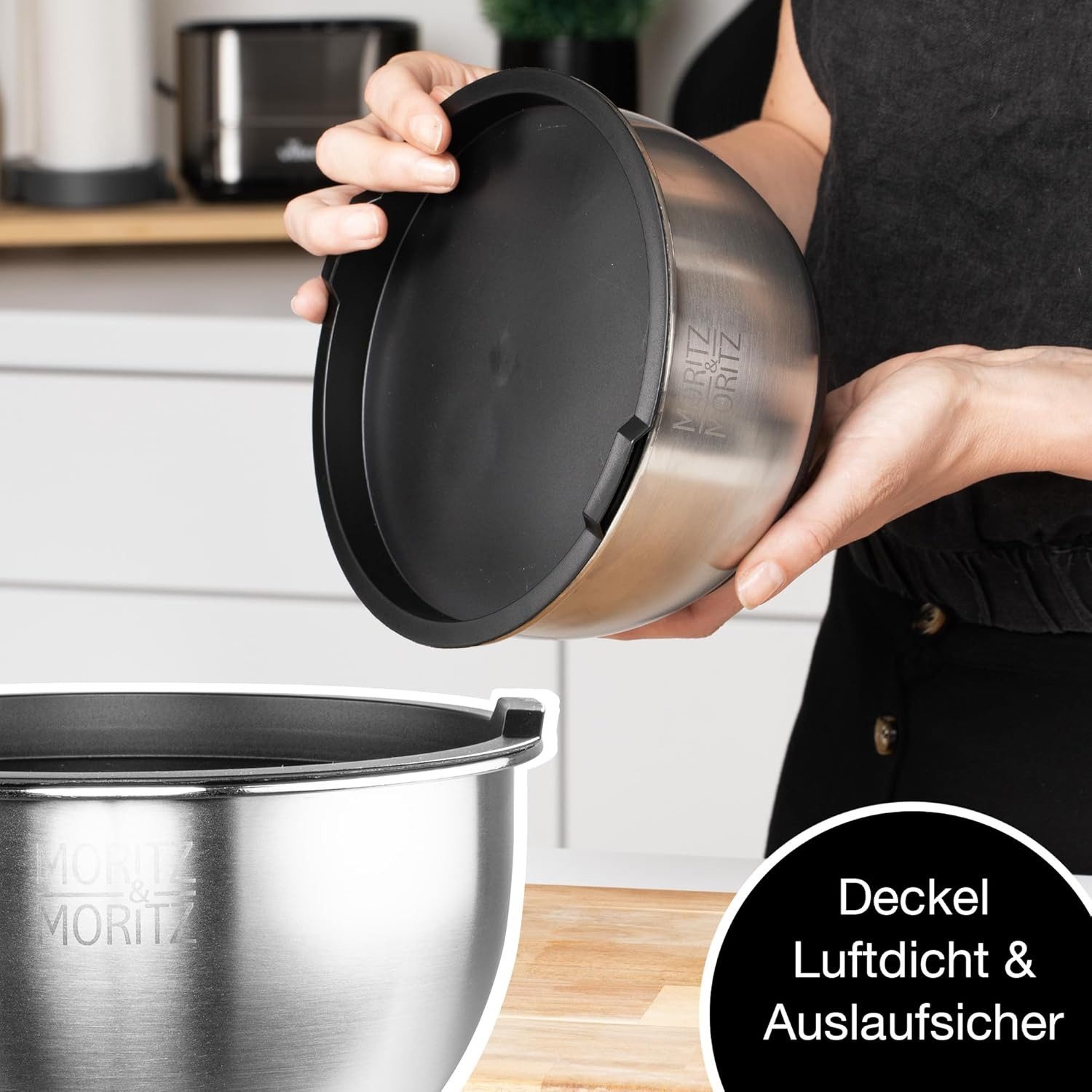 Moritz & Moritz Schüssel Edelstahl Rührschüssel Set mit Deckel, Edelstahl, (Set, 5-tlg), Premium Edelstahl, Rostfrei – Bild 5 von 5
