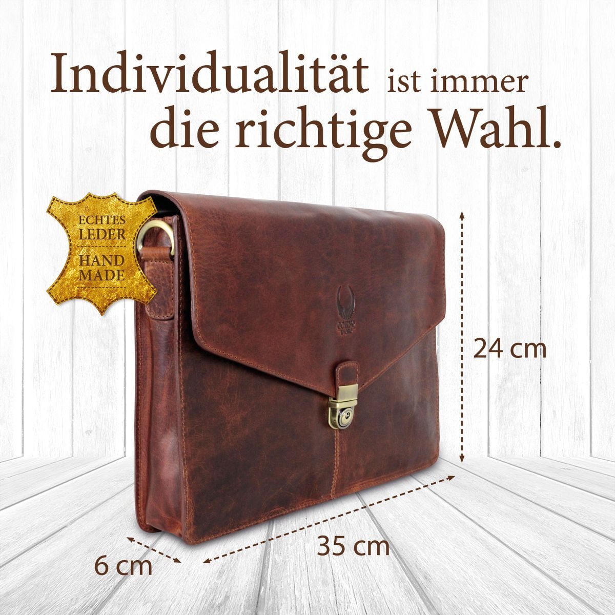 Corno d´Oro Umhängetasche Handmade Schultertasche für Damen Herren Leder Laptoptasche 13-14 Zoll, Handgefertigte MacBook Tasche Echt Leder Klein Braun für DIN A4