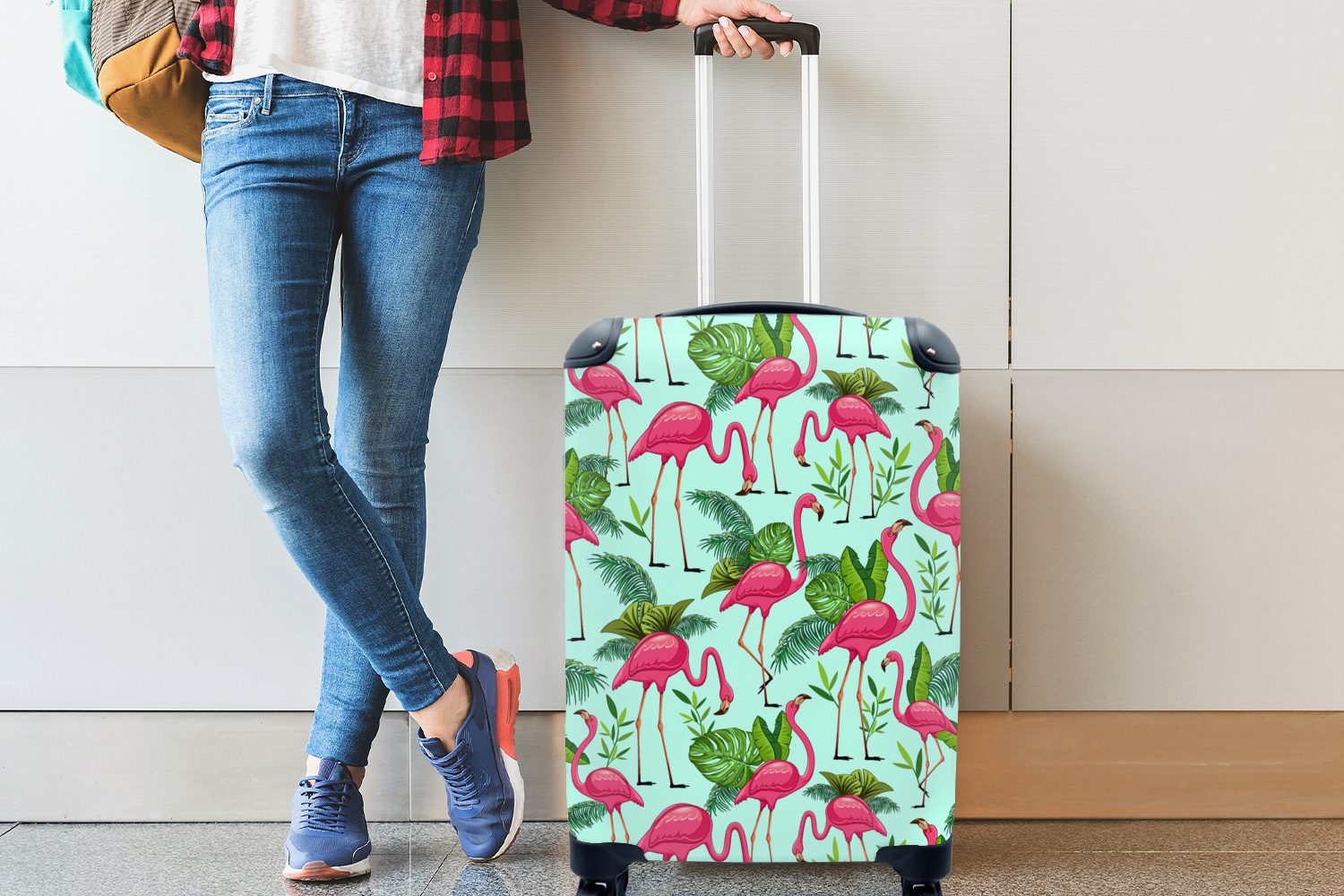 Muster, Flamingo mit - - für 4 Ferien, Trolley, Tiere Handgepäck Reisetasche Dschungel MuchoWow Reisekoffer - Rollen, Handgepäckkoffer rollen,