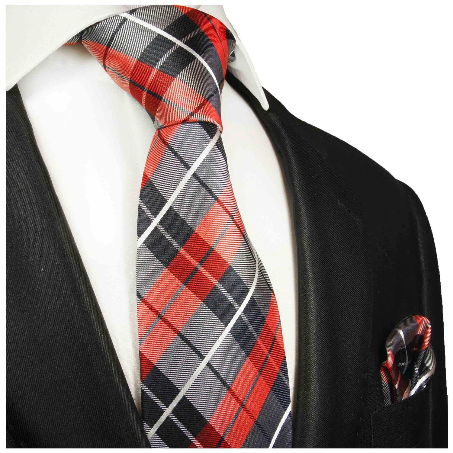 100% Seide mit Krawatte dunkelblau 592 Schottenmuster Krawatte Malone Herren mit Seidenkrawatte (Set, rot Breit Plaid (8cm), Tuch Paul modern 2-St., Einstecktuch)