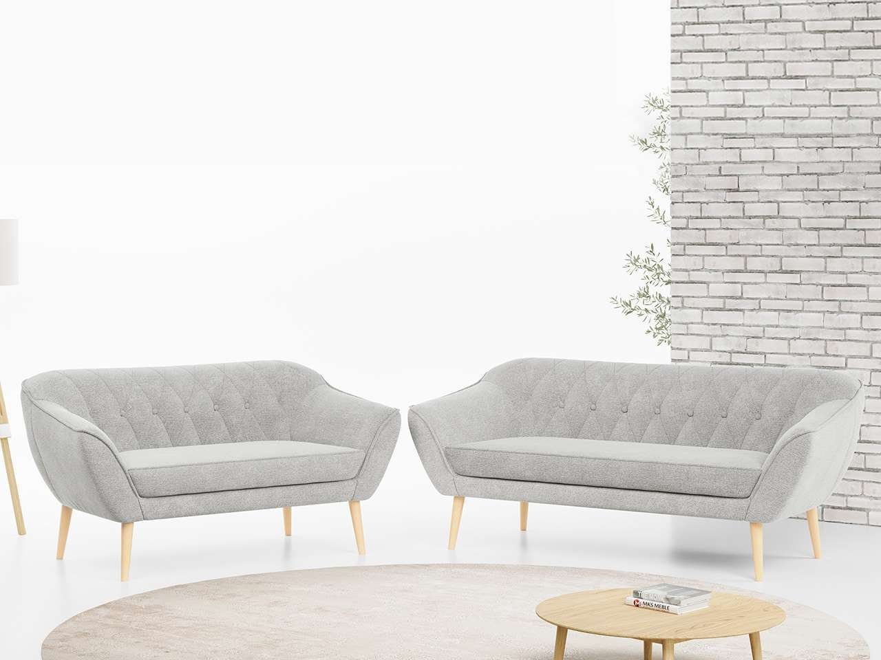 MKS MÖBEL Sofa PIRS 3 2, Skandinavischer Stil, Gesteppte Polsterung, Moderne Sofa Set 3 + 2 Hellgrau Matana