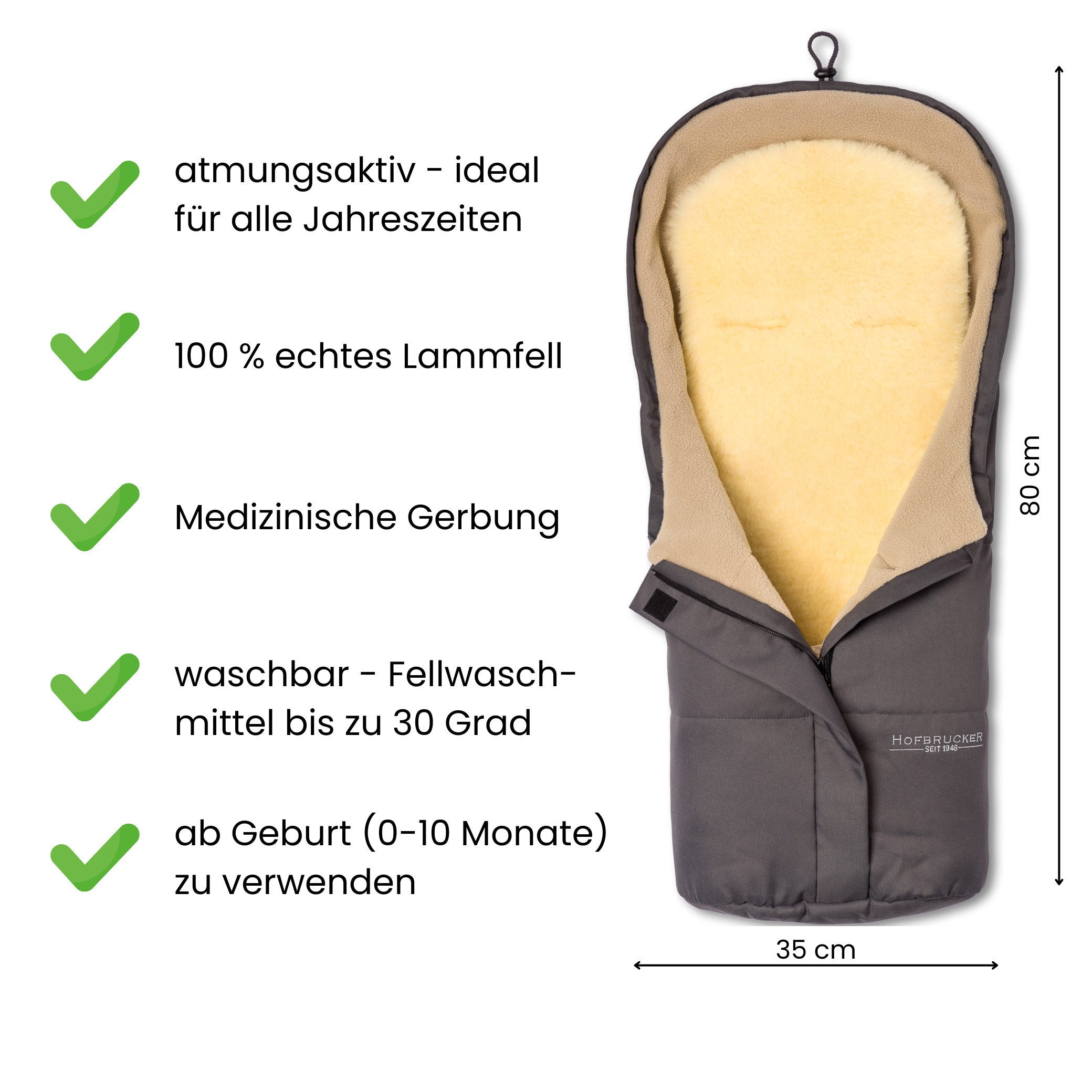 Hofbrucker seit 1948 Fußsack Lammfell-Fußsäckchen Leni für Babyschale und Kinderwagen, warmer Winterfußsack mit echtem Lammfell wind- und wasserabweisend