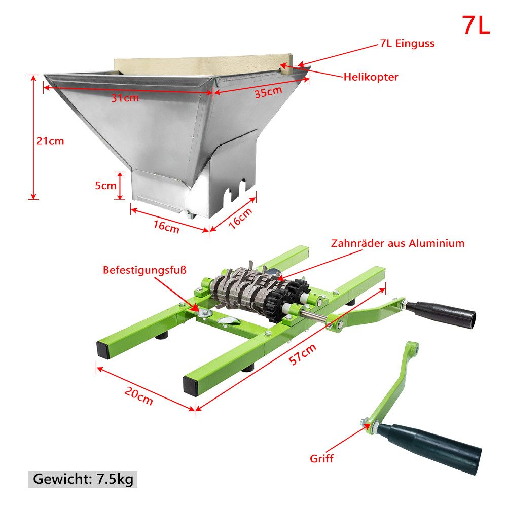 FIVMEN Entsafter 7L Obstmühle Obstmuser Obsthäcksler Beerenmühle Traubenmühle, Maischemühle Mühle Muser manuell Obstpresse mit Handkurbel