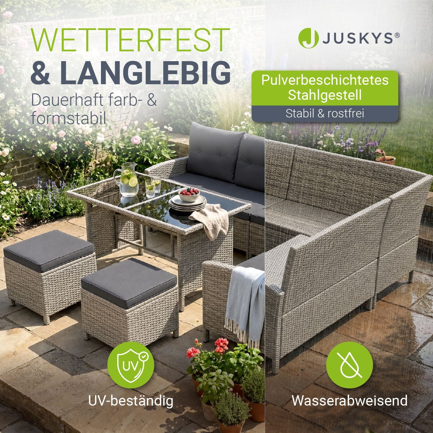 Juskys Gartenlounge-Set Manacor, (Gartenlounge), Polyrattan Gartenmöbel-Set mit Garten-Sofa, Garten-Tisch und 2 Hocker