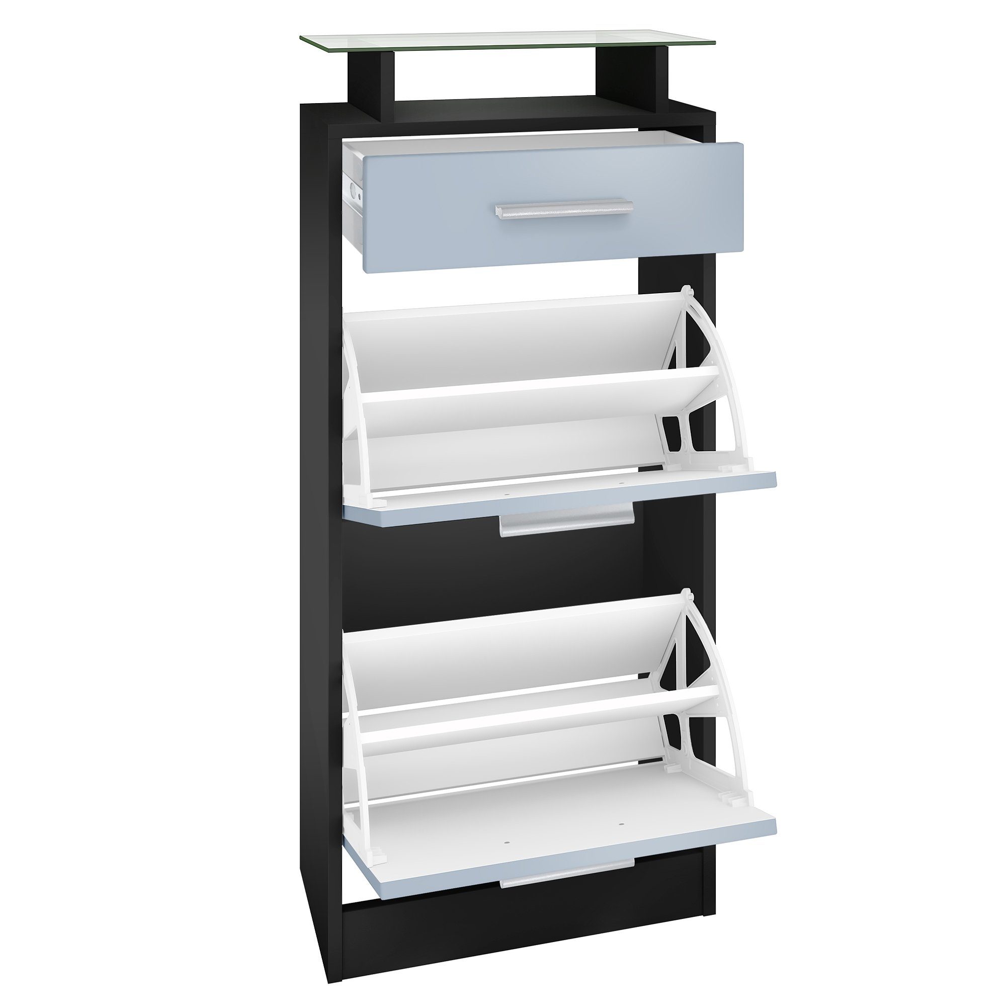 Vladon Schuhschrank Loret V2 (Schuhkipper für 8 Paar Schuhe, mit 2 Klappen, 1 Schublade und Glasablage) Schwarz matt/Schwarz matt (46 x 104 x 23 cm)