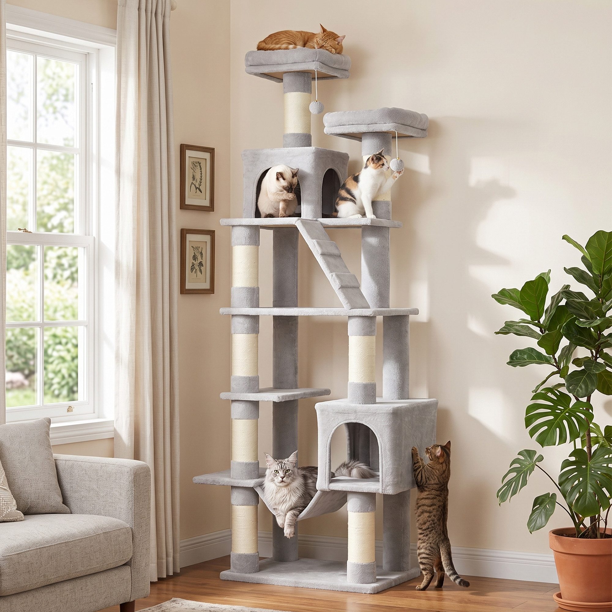 PawHut Kratzbaum mehrstufiger Katzenbaum mit Hängematte, BxTxH: 60x48x204 cm
