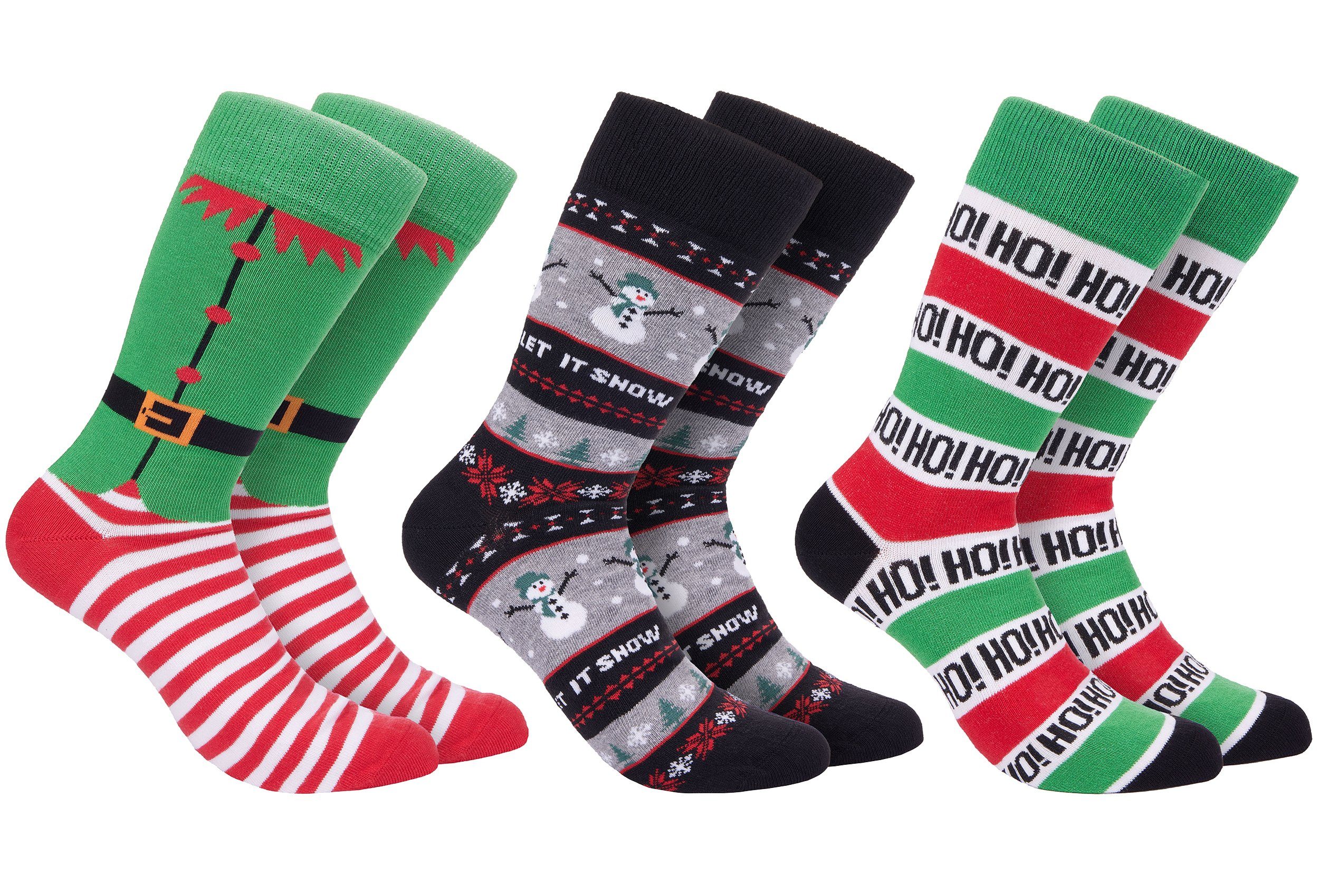 BRUBAKER Socken Herren Weihnachtssocken - Lustige Socken mit  Weihnachtsmotiven (Hohoho, Wichtelstrumpf, Let it Snow, 3-Paar, One Size EU  41-45) Baumwolle Bunt - Männer Geschenk Weihnachten