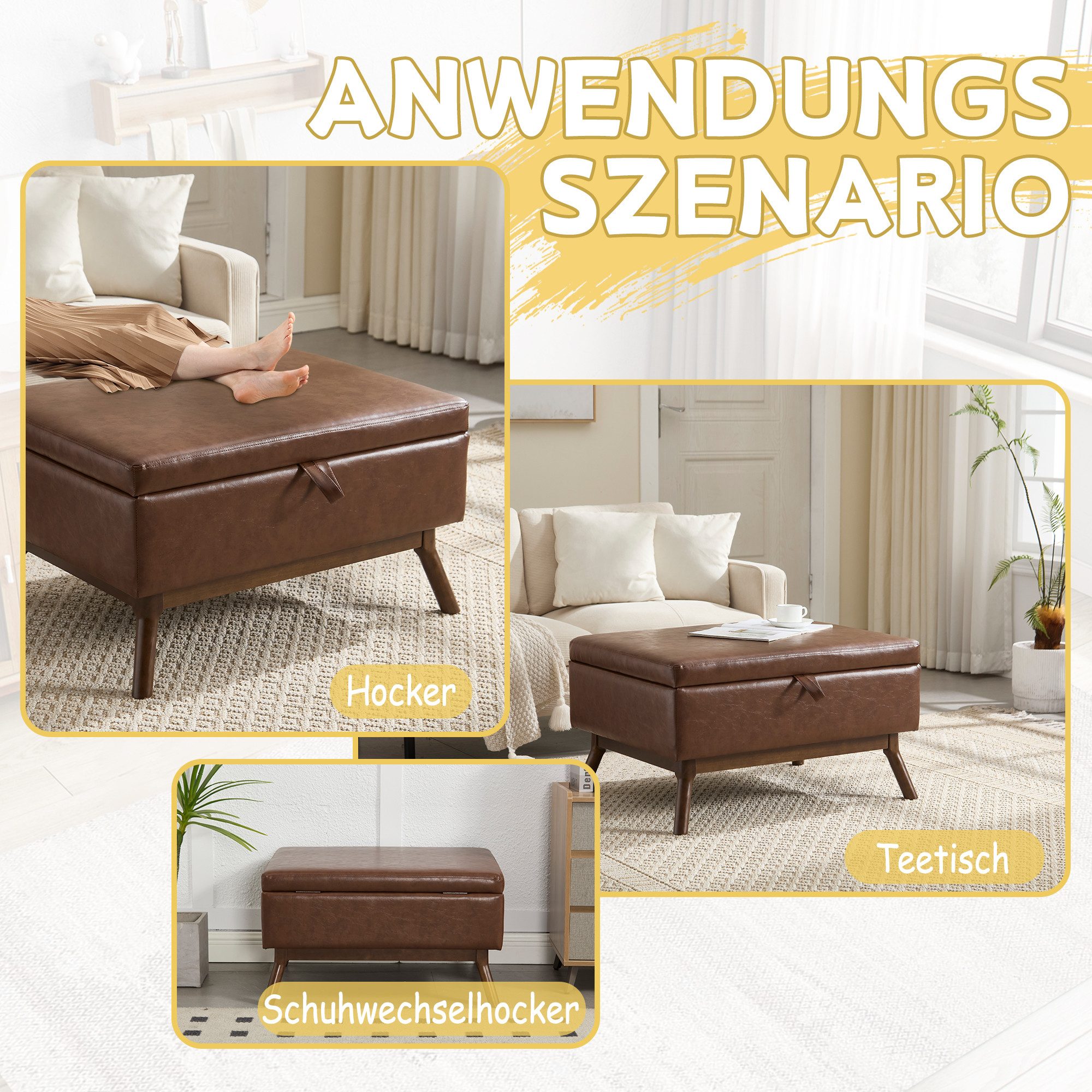 Yorbay Schuhbank Mid-Century moderne quadratische Couchtisch Ablagebank, 80x59x45cm, Couchtisch, Steigbügel, Schuhbank, Dunkelbraun