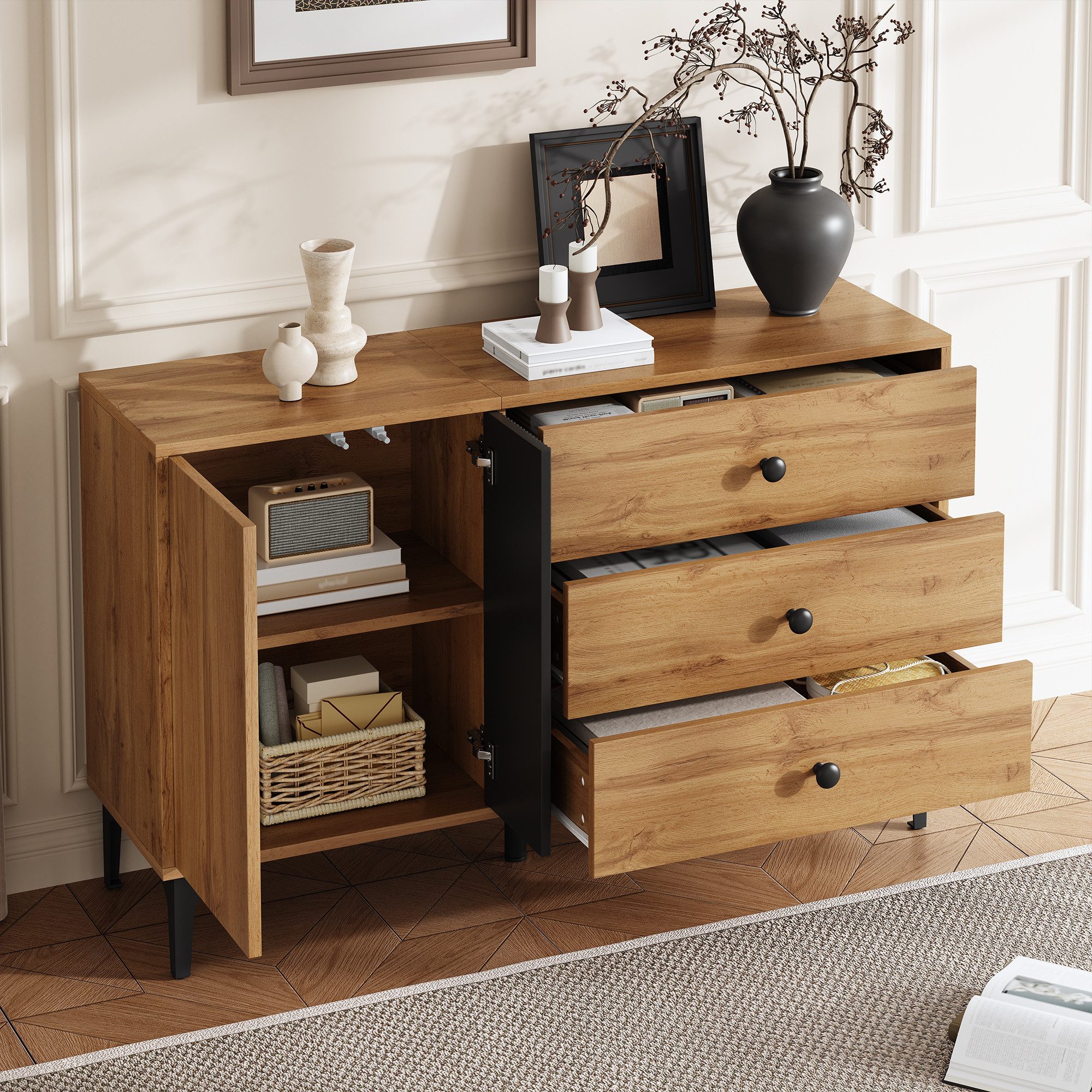 OKWISH Sideboard 120x35x76 cm mit Tür und 3 Schubladen – natur/schwarz (Pac günstig online kaufen