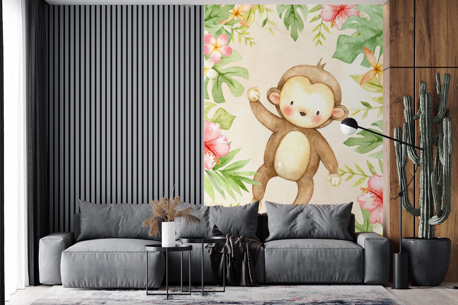 MuchoWow Fototapete Affe - Blumen Wandtapete bedruckt, St), Montagefertig für Pflanzen Dschungel, Tapete Matt, - Vinyl - (3 Wohnzimmer